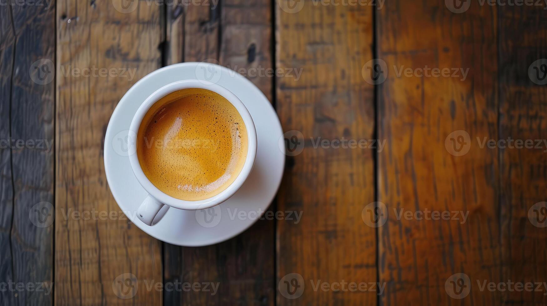 AI generated Top view Coffee with white cup on wood table. photo