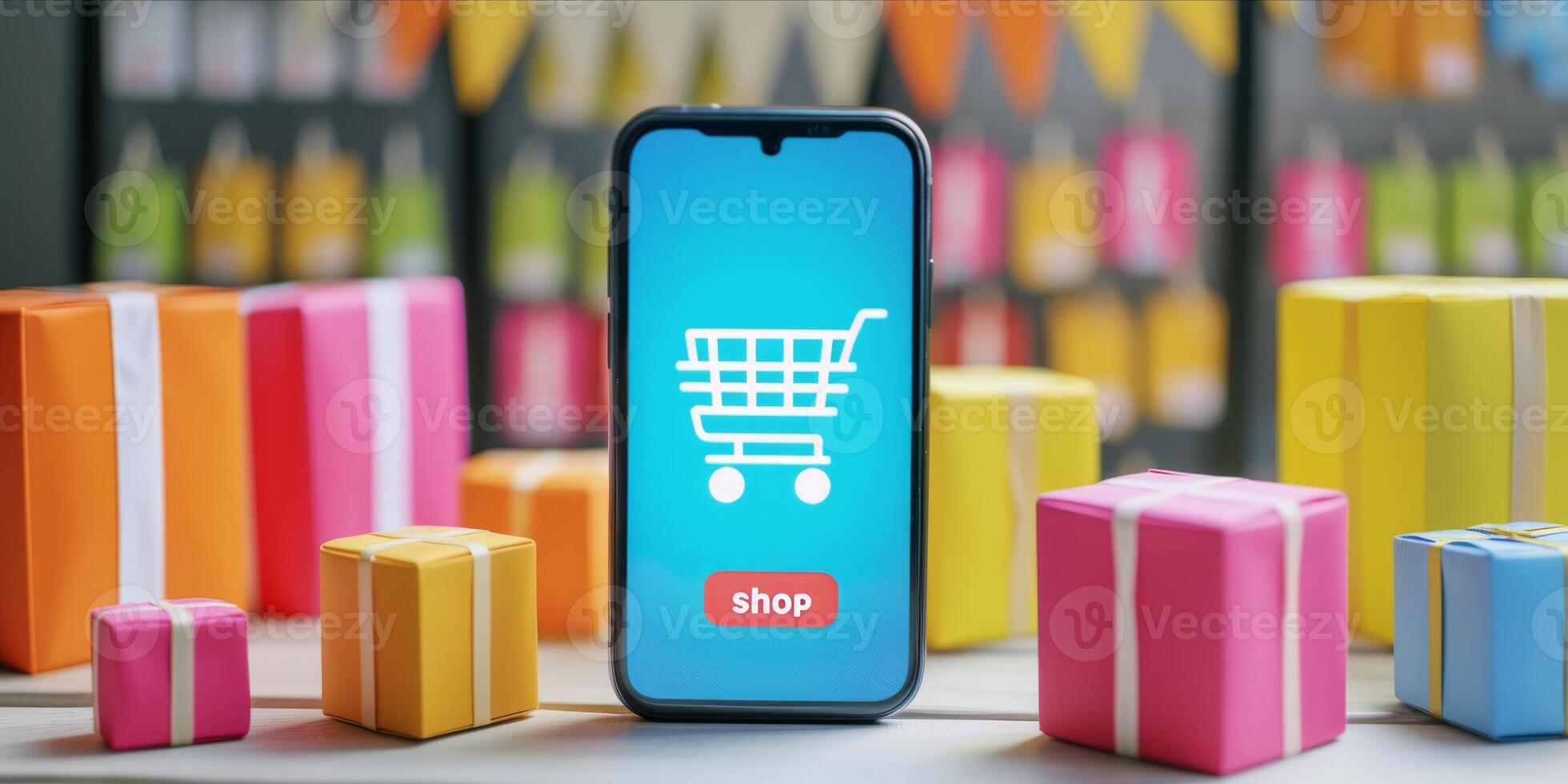 AI generated Smartphone with Shopping Cart on Screen. Online shopping on Mobile Application or Website, Digital Marketing photo