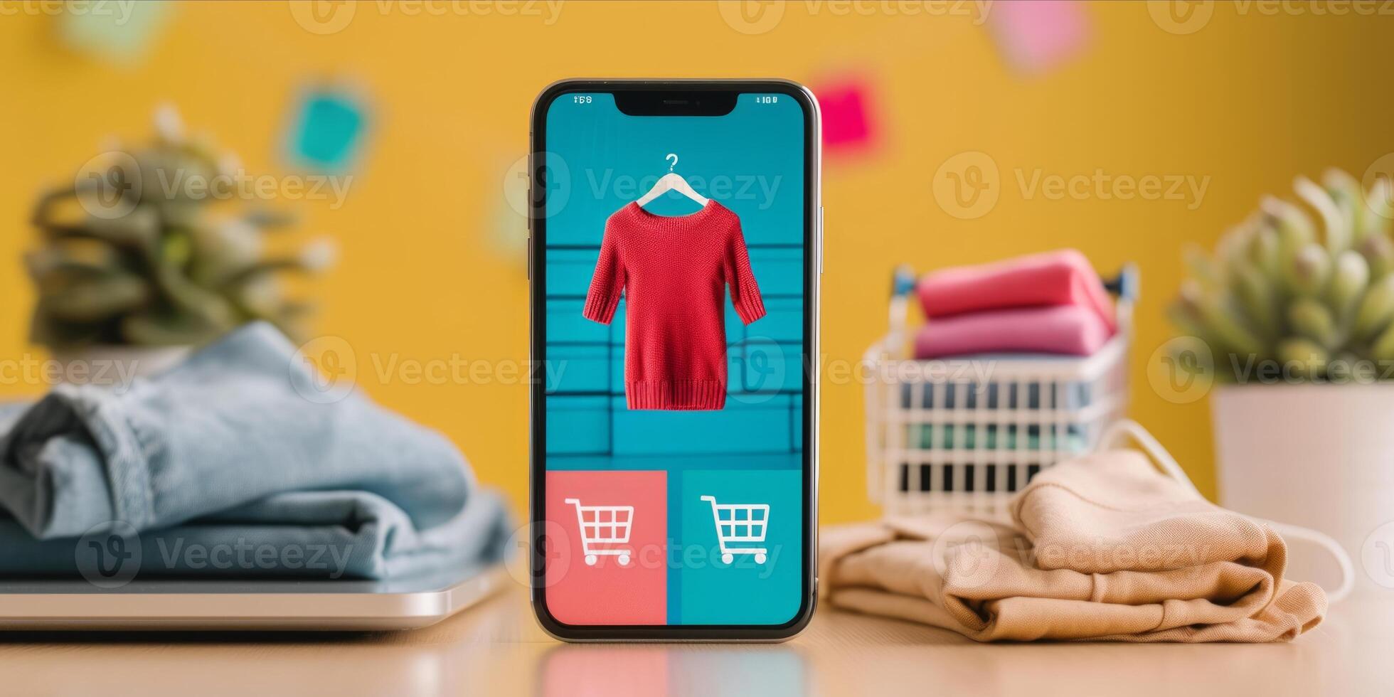 AI generated Smartphone with Clothes on Screen. Online shopping on Mobile Application or Website, Digital Marketing photo