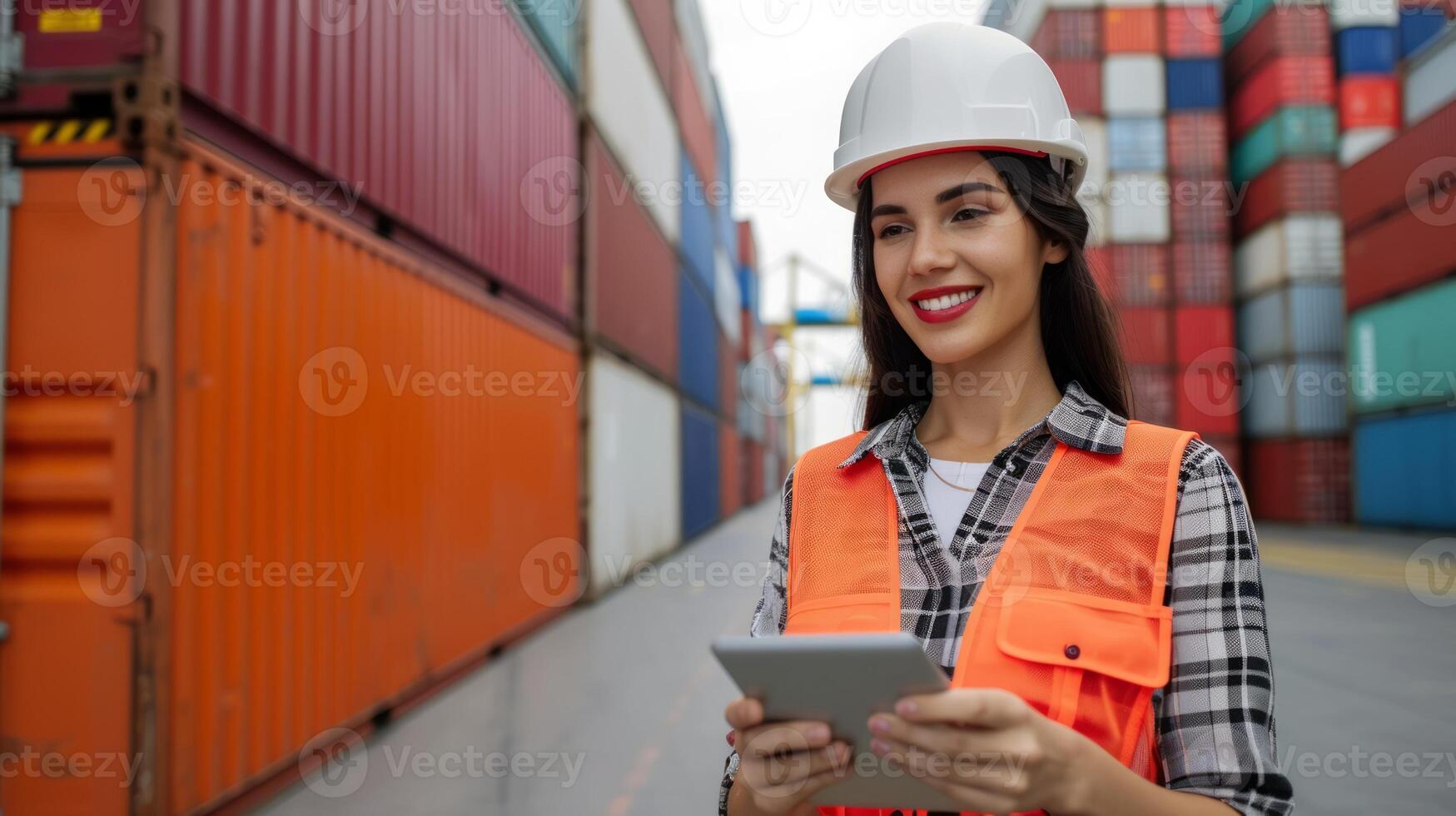 AI generated Young female industrial engineer with a helmet working on a tablet. Checks for control loading in container terminal, An inspector or supervisor, Logistics import export shipping photo