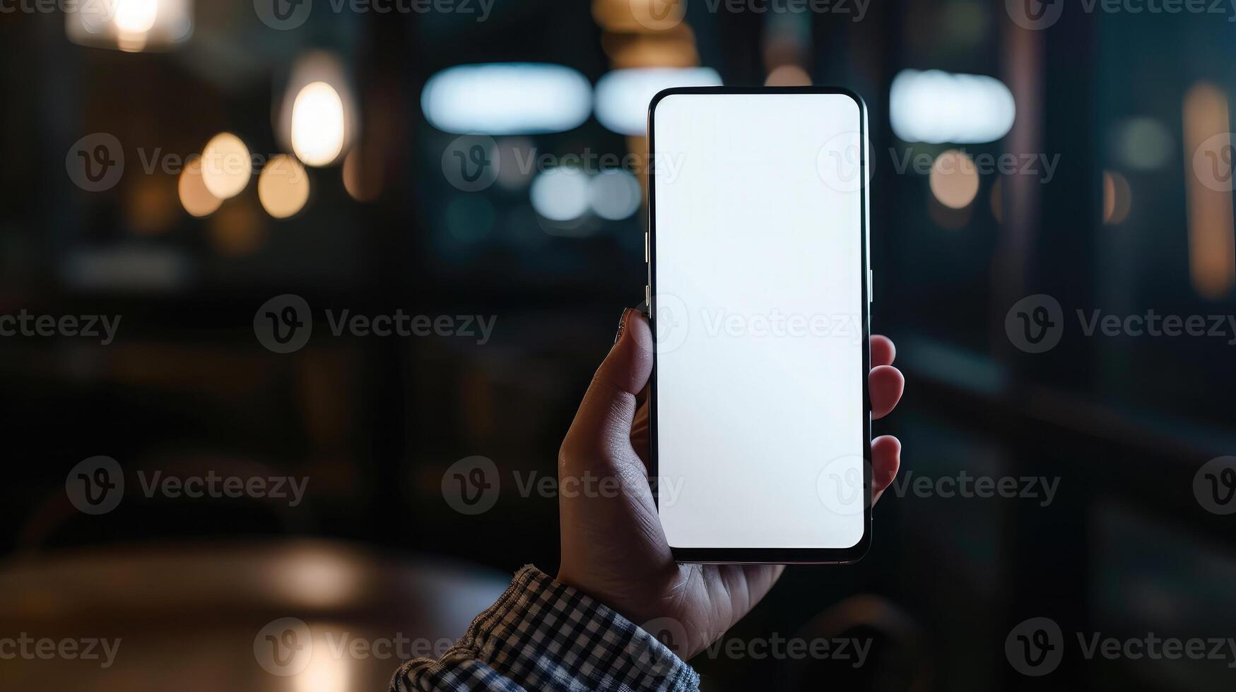 AI generated hand holding smartphone showing white screen mobile app advertisement and excited photo