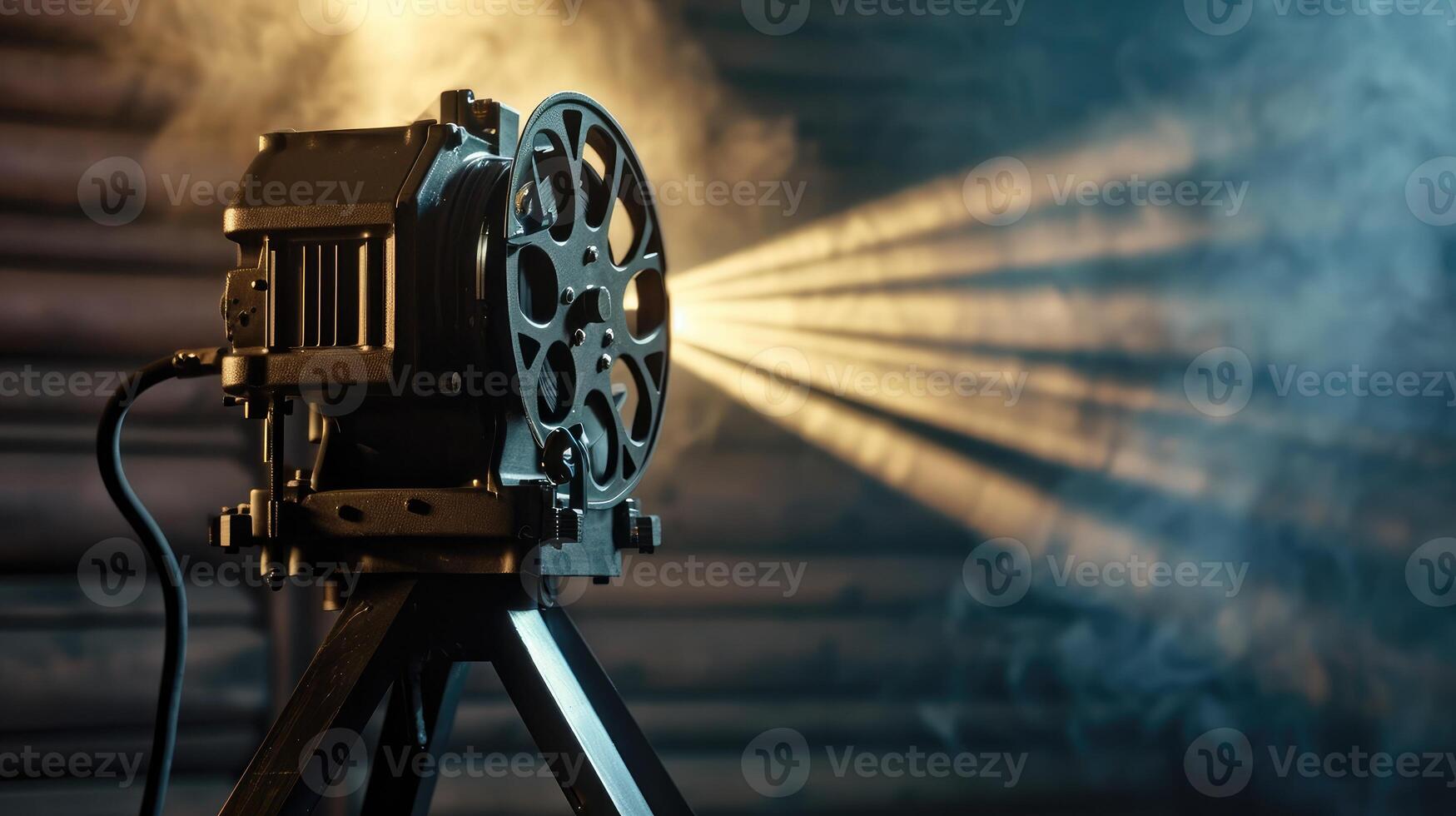 AI generated film projector on a wooden background with dramatic lighting and selective focus photo