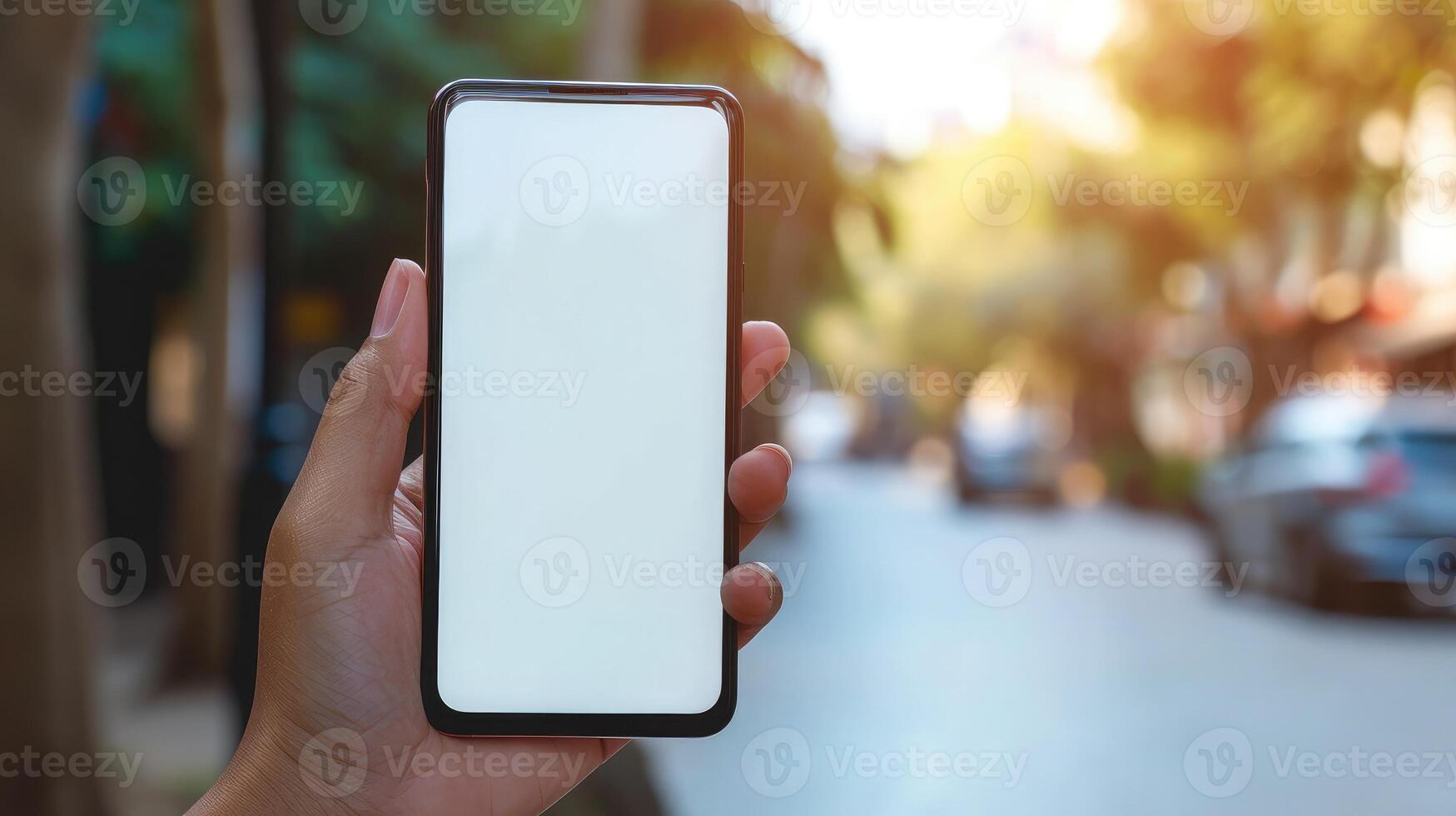 AI generated hand holding smartphone showing white screen mobile app advertisement and excited photo