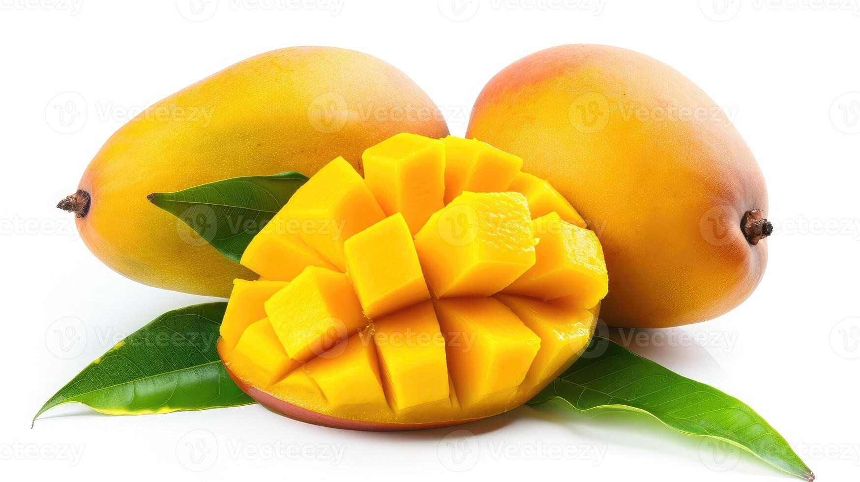 AI generated Ripe yellow Mango with cut in half and green leaf isolated on white background. photo