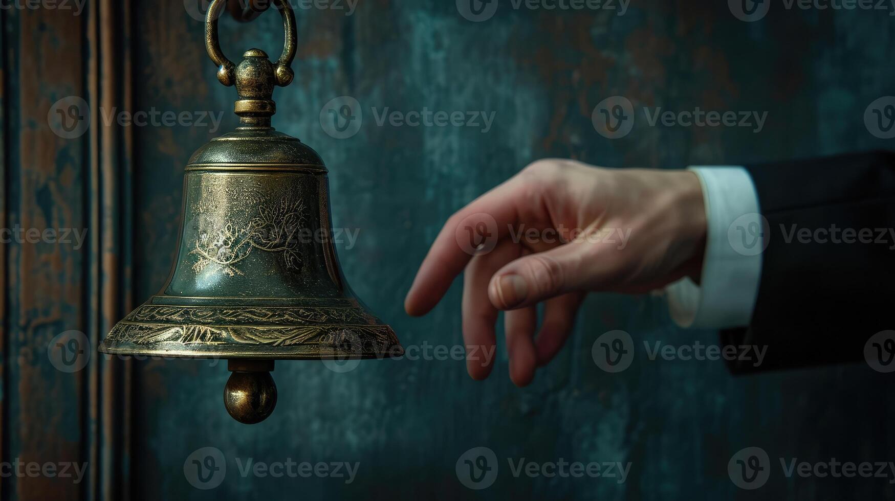 AI generated Restaurant bell vintage with hand. The bell of a psychologist photo