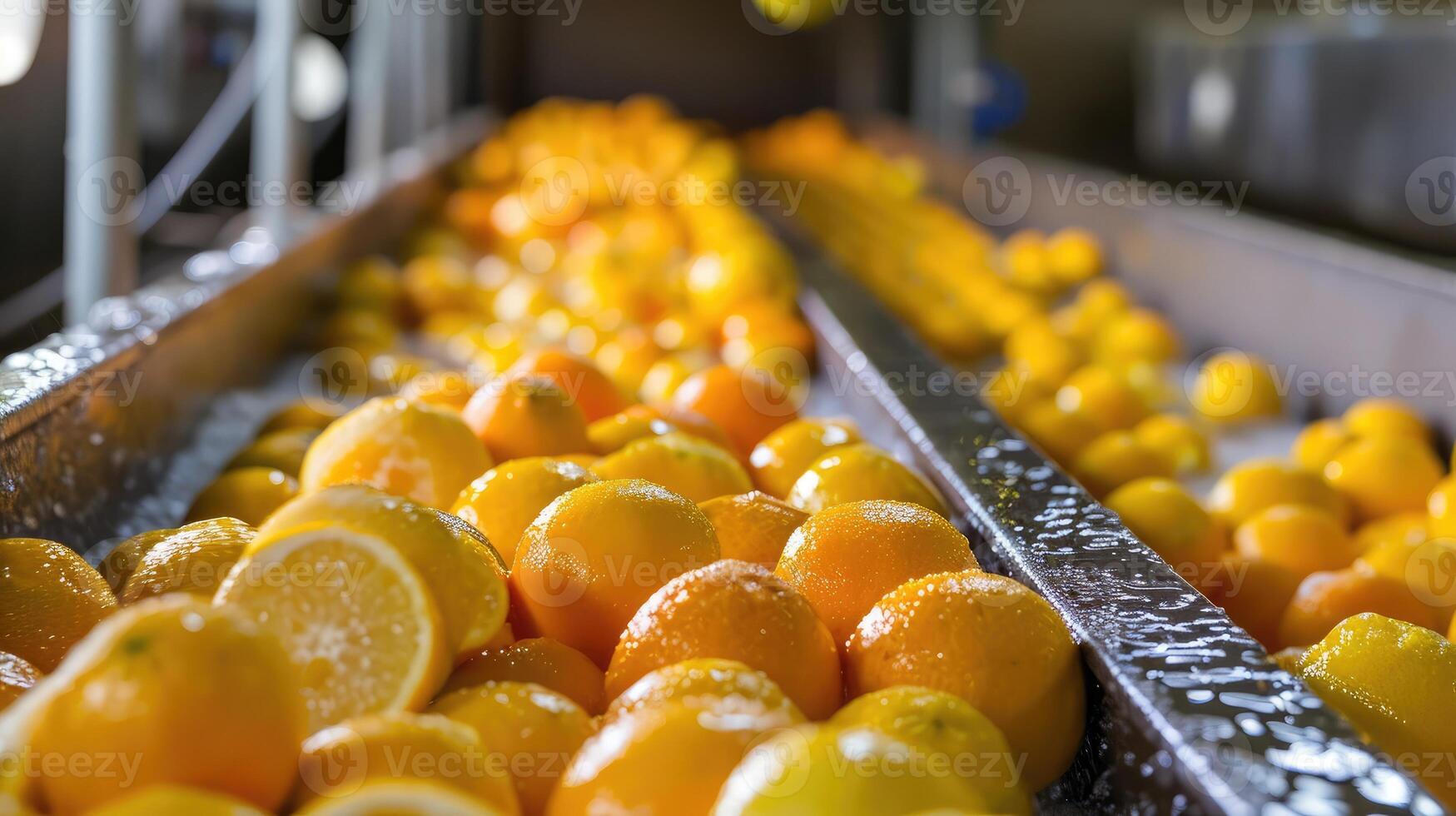 AI generated The process of washing and cleaning of citrus fruits in a modern production line photo