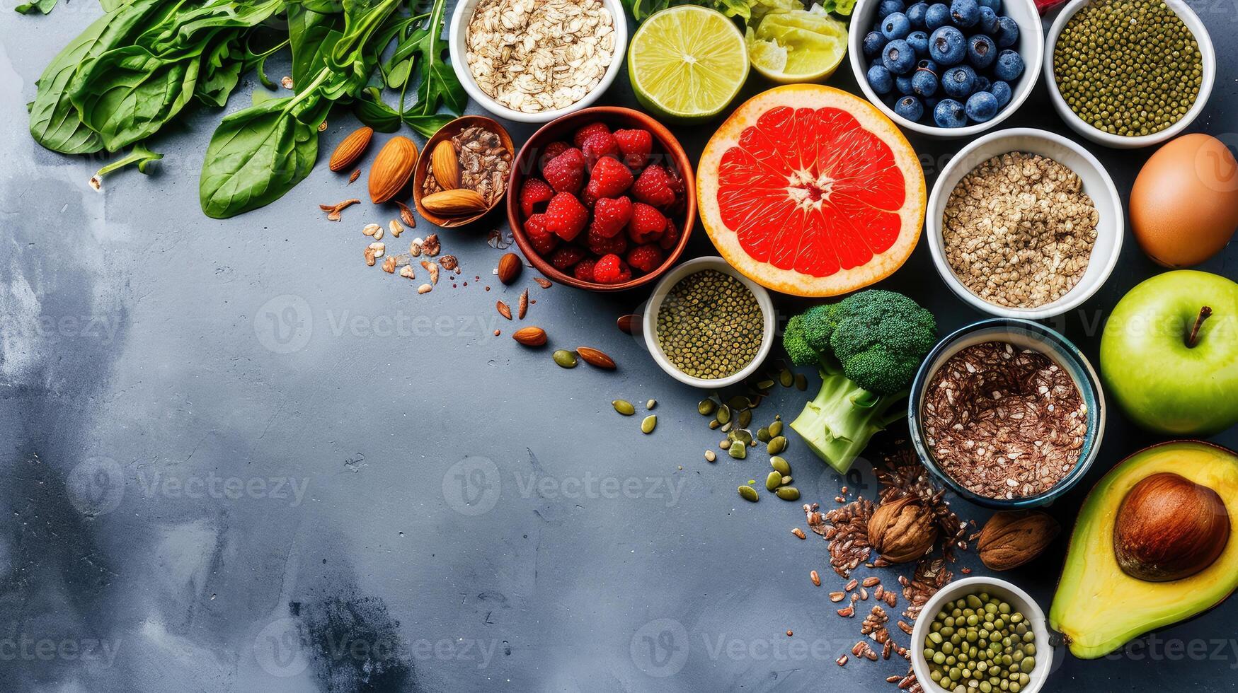 AI generated Healthy food clean eating selection  fruit, vegetable, seeds, superfood, photo
