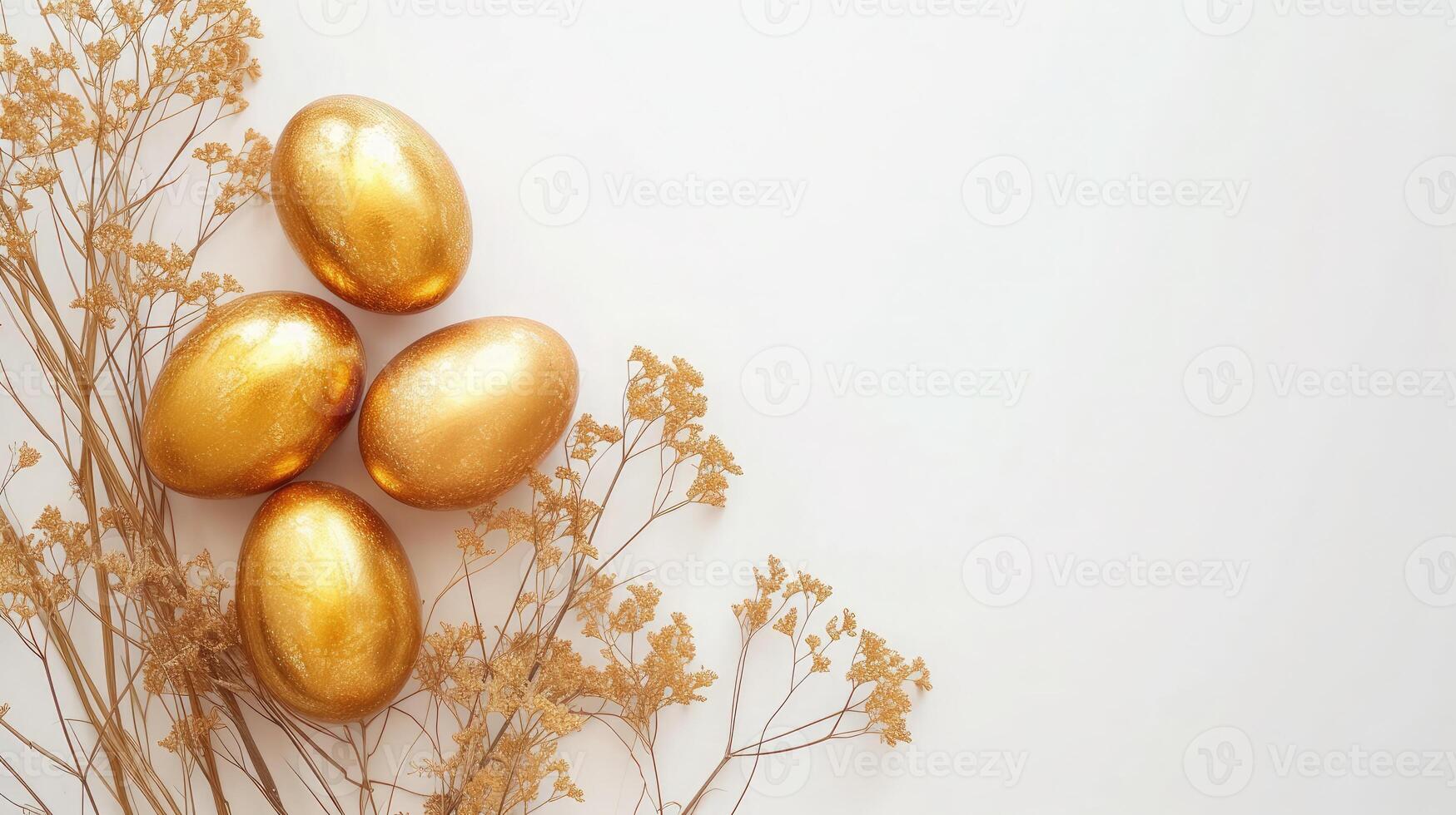 AI generated Stylish golden eggs easter concept. Easter gold eggs with golden rabbit white background. Flat lay trendy easter. photo