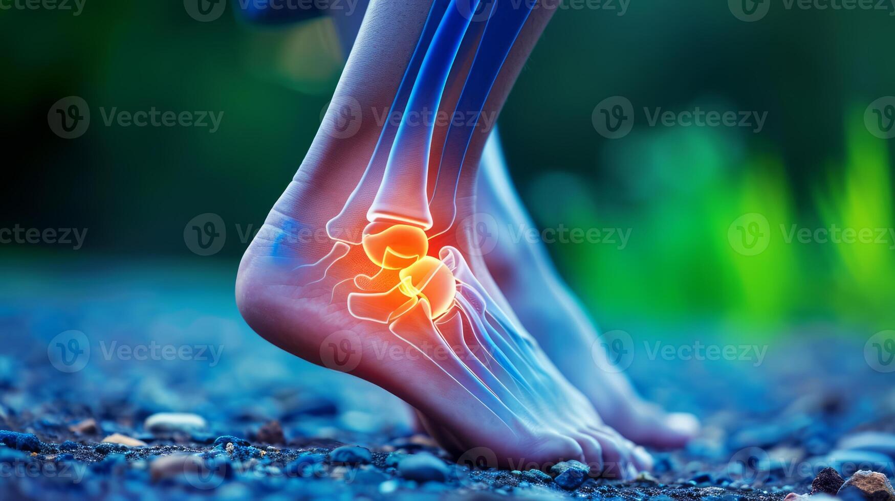 AI generated Ankle Pain, Human Ankle X-ray illustration Anatomy, Highlight Bones and Potential injuries photo