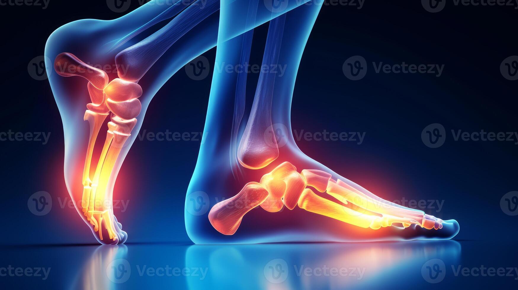 AI generated Ankle Pain, Human Ankle X-ray illustration Anatomy, Highlight Bones and Potential injuries photo