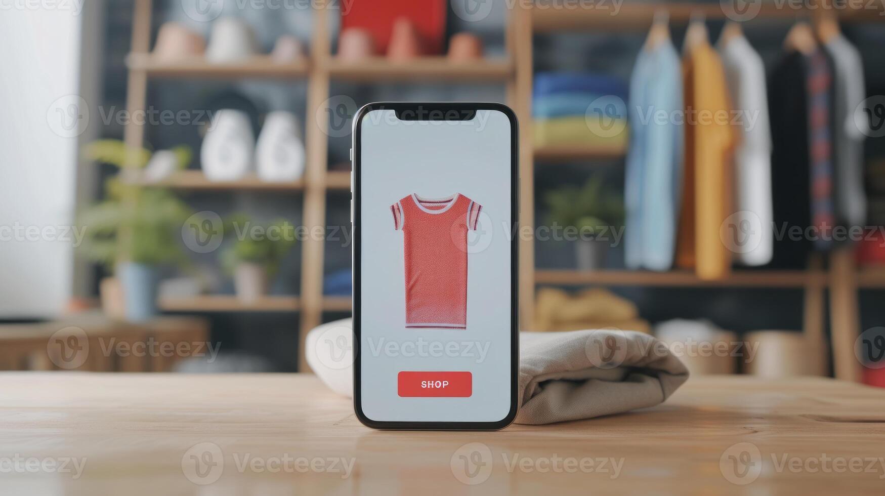 AI generated Smartphone with Clothes on Screen. Online shopping on Mobile Application or Website, Digital Marketing photo
