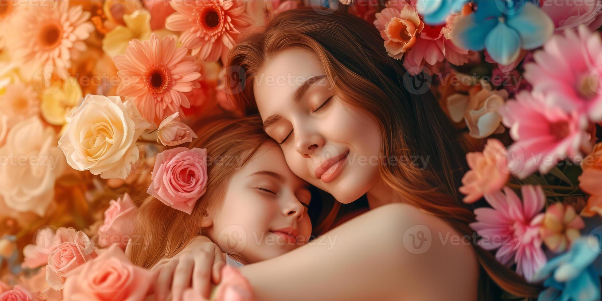 AI generated Happy Mother and Daughter Enjoying Quality Time Together. Joyful Mom Embracing Her Daughter Surrounded by Flowers. Heartwarming and Emotionally Resonant for Mother's Day photo