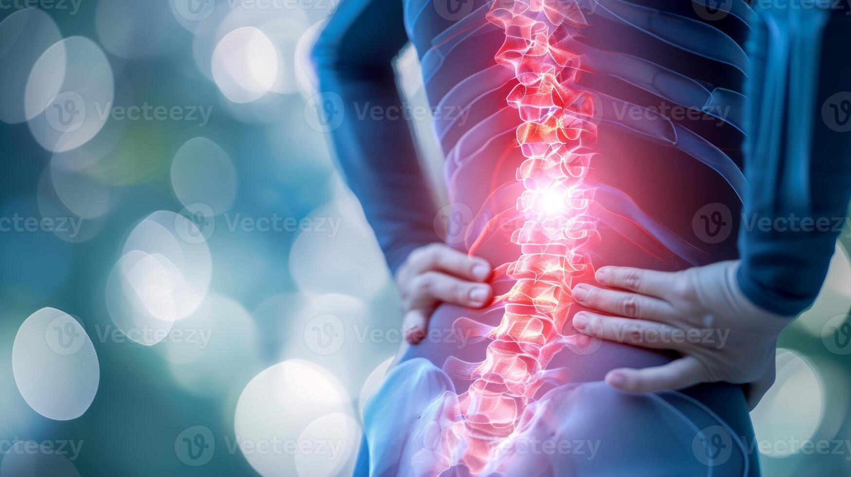 AI generated Back Pain, Backache, Human Spine X-ray Anatomy, Emphasizing the Spine, Bones and Potential injuries photo