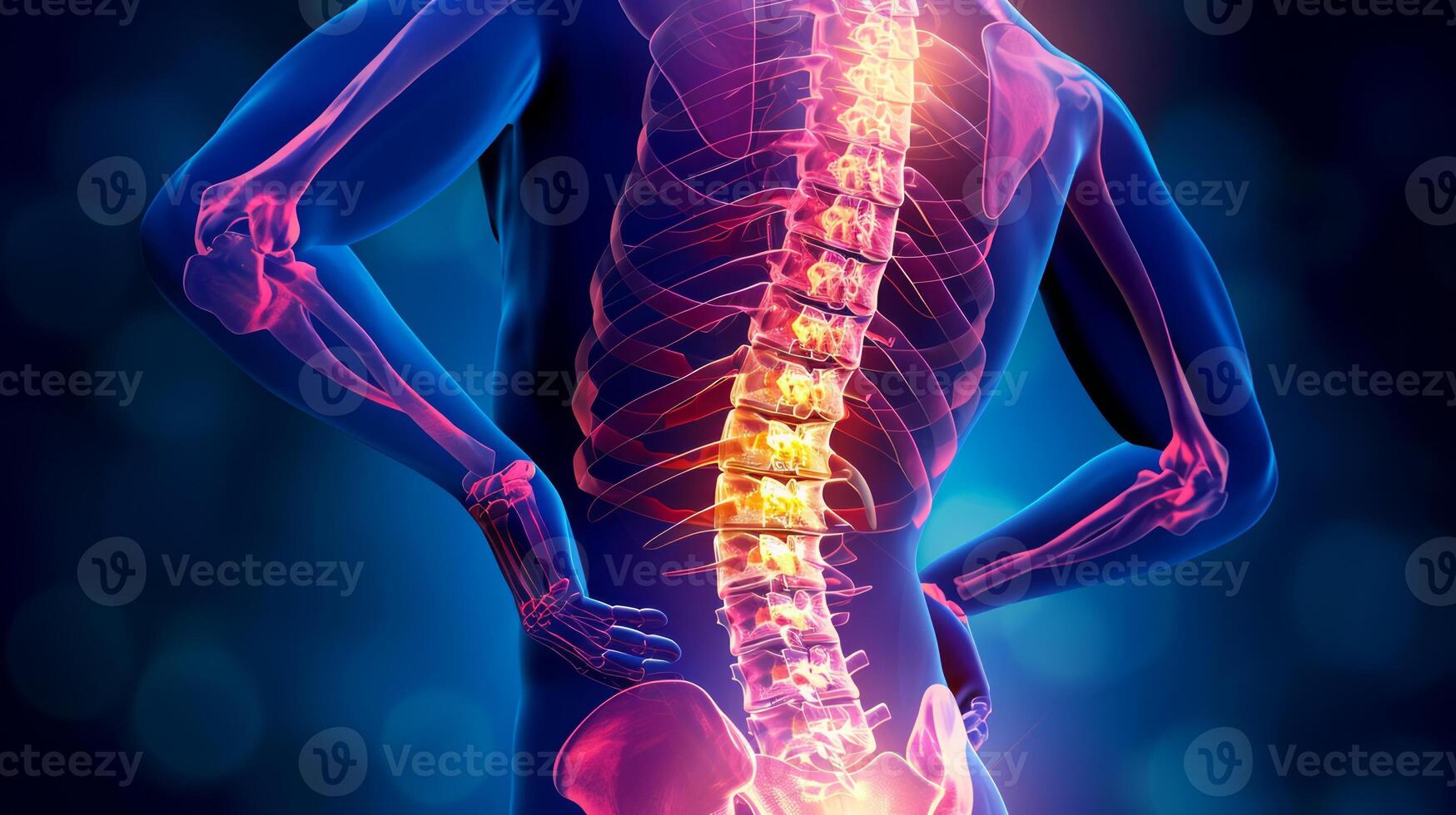 AI generated Back Pain, Backache, Human Spine X-ray Anatomy, Emphasizing the Spine, Bones and Potential injuries photo