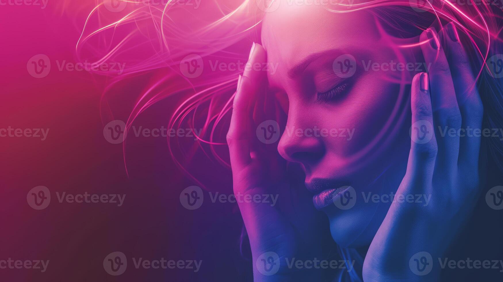 AI generated Woman with a headache. expressing pain, migraine photo