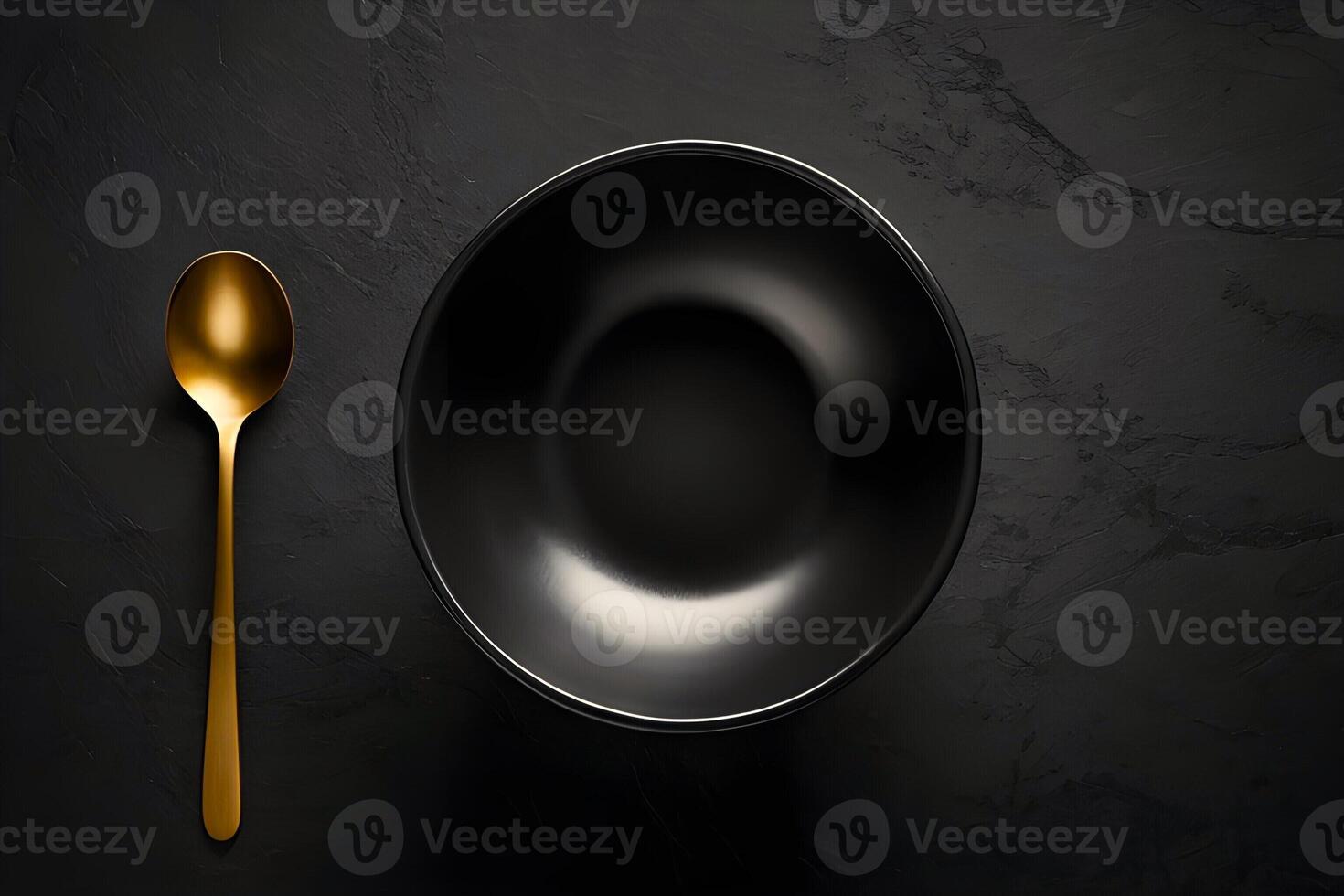 AI generated Empty black bowl with spoon on a dark background from top view photo