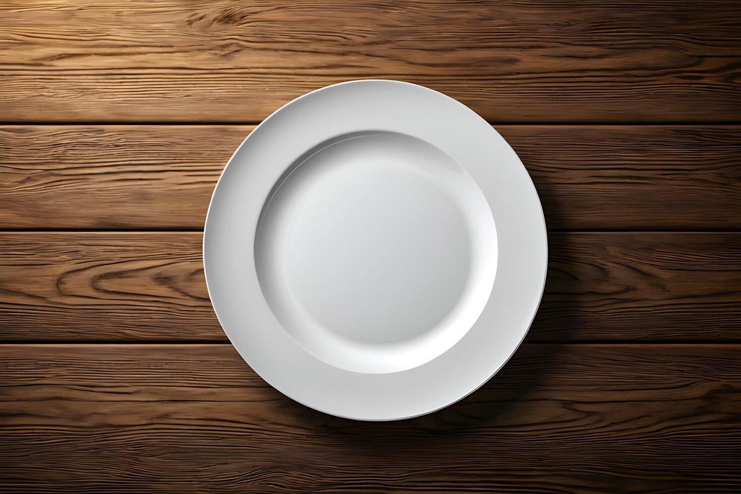 AI generated A white empty plate is served on wooden background from top view photo