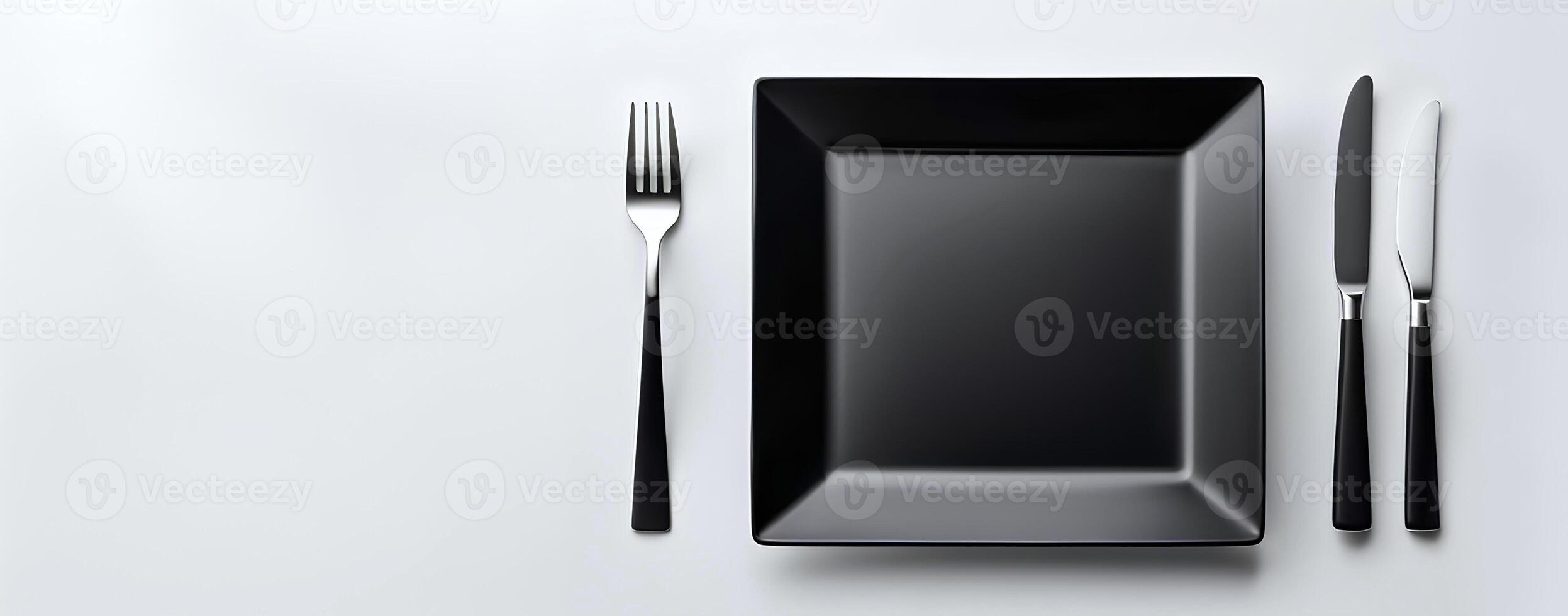 AI generated An empty square shape plate along with fork is presented on a white background photo