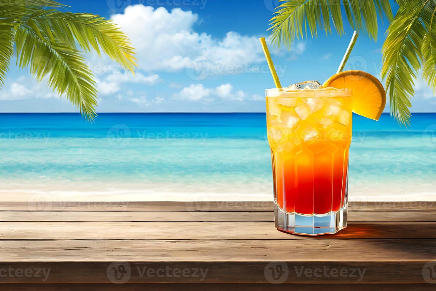 AI generated A glass of fruit juice is presented on a beach background during summer photo