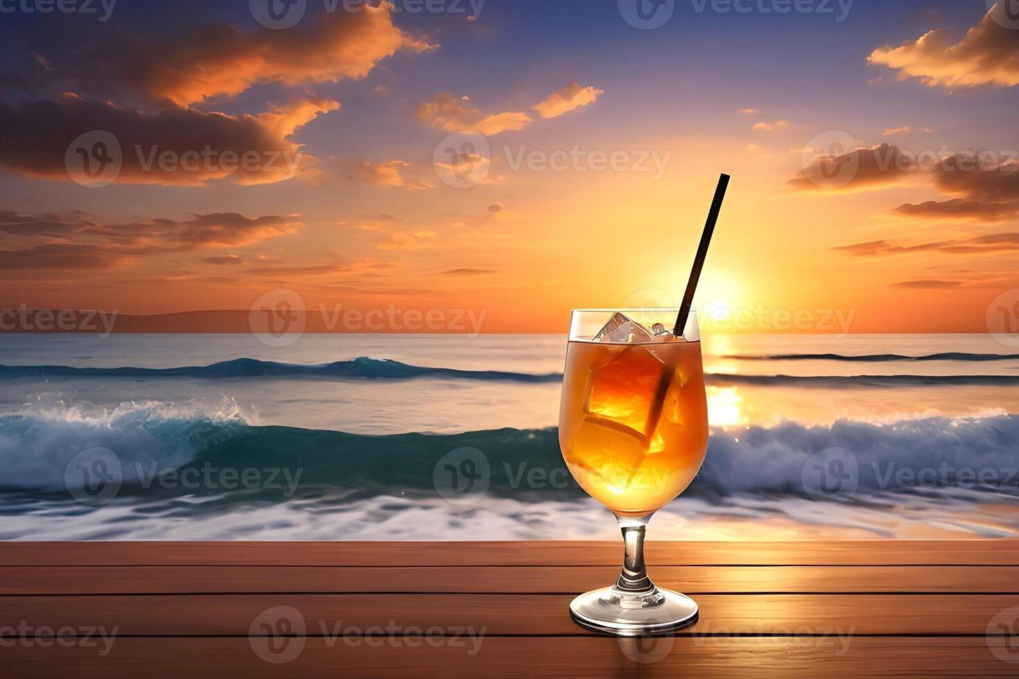 AI generated A glass of drink is served with the sunset background of a beach photo