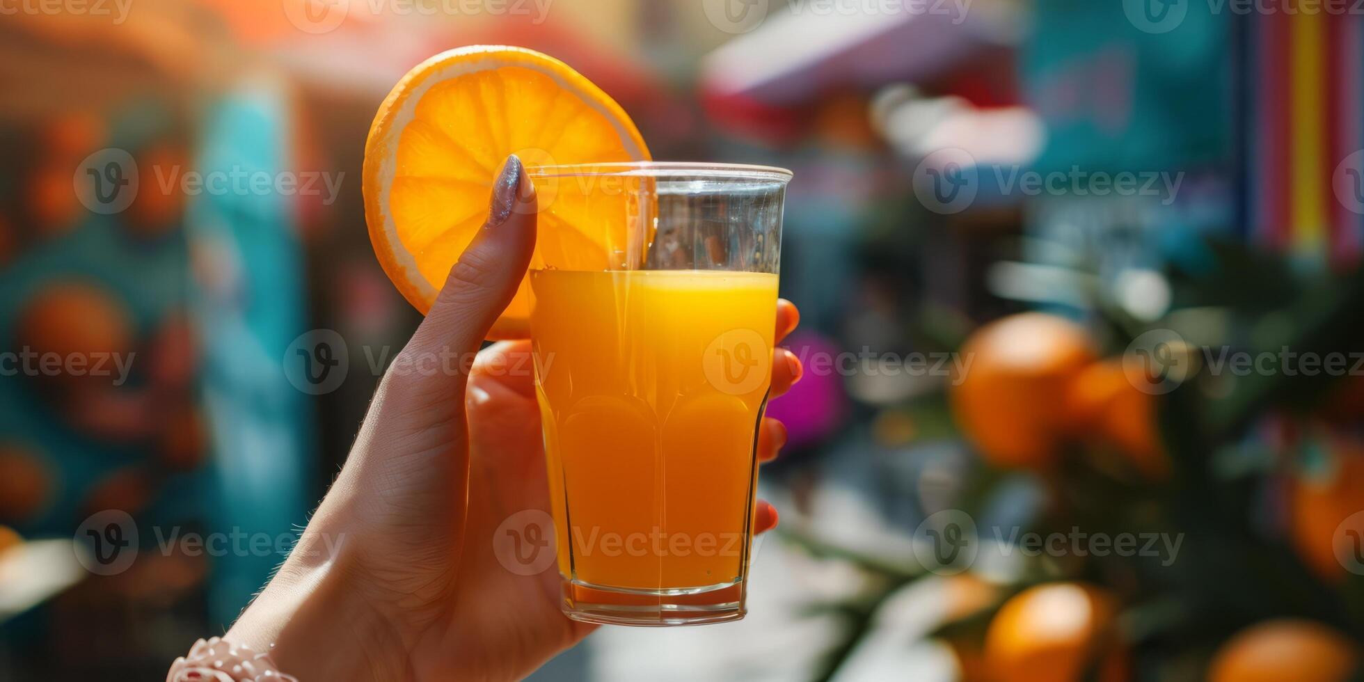 AI generated A woman hand holding a glass of orange juice first person view. Freshly orange juice rich in vitamin C for healthy life photo