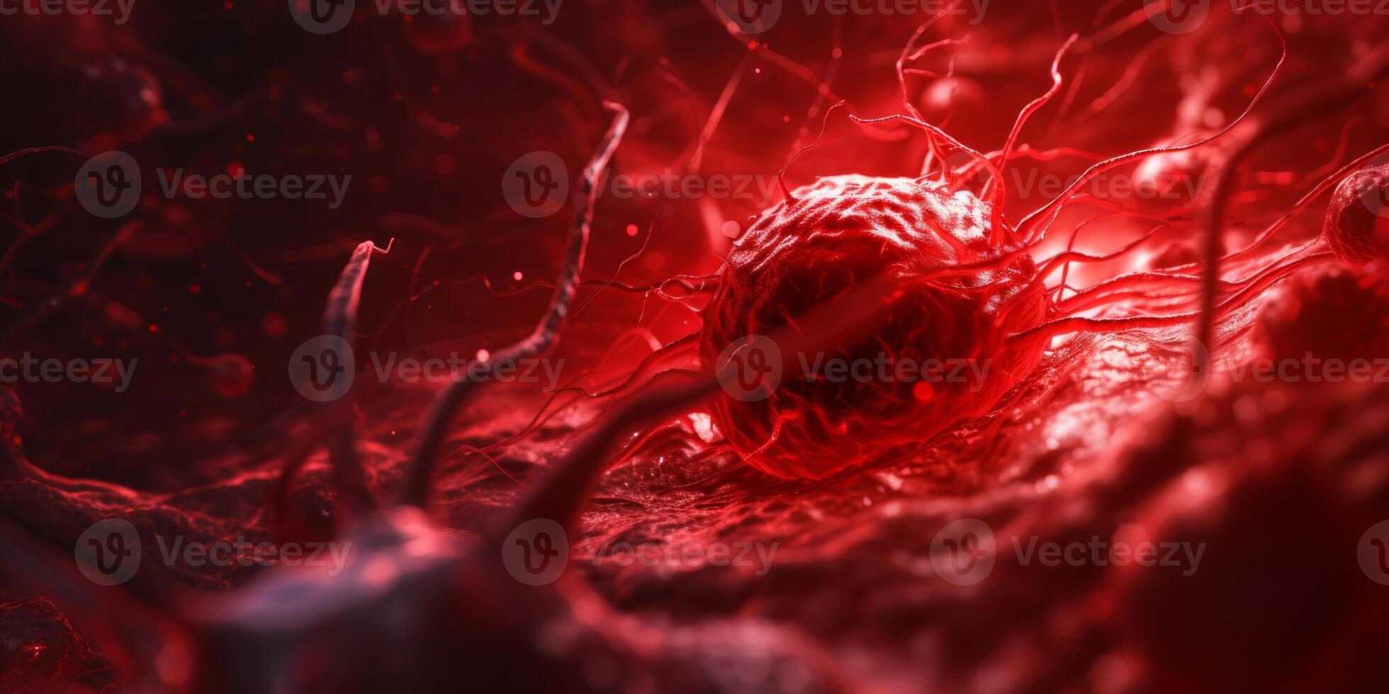 AI generated Horrible Red Cancer Cells Disease Spreading on an Organ inside Human Body. Cancer Treatment, Cancer Oncology, Growing Tumor Cells photo