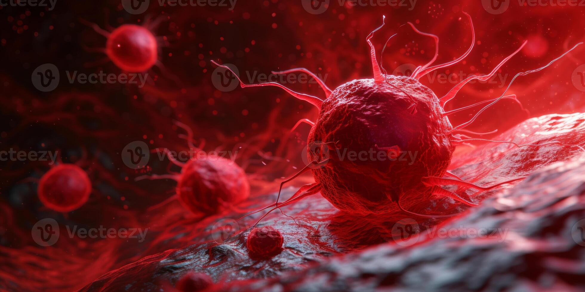 AI generated Horrible Red Cancer Cells Disease Spreading on an Organ inside Human Body. Cancer Treatment, Cancer Oncology, Growing Tumor Cells photo