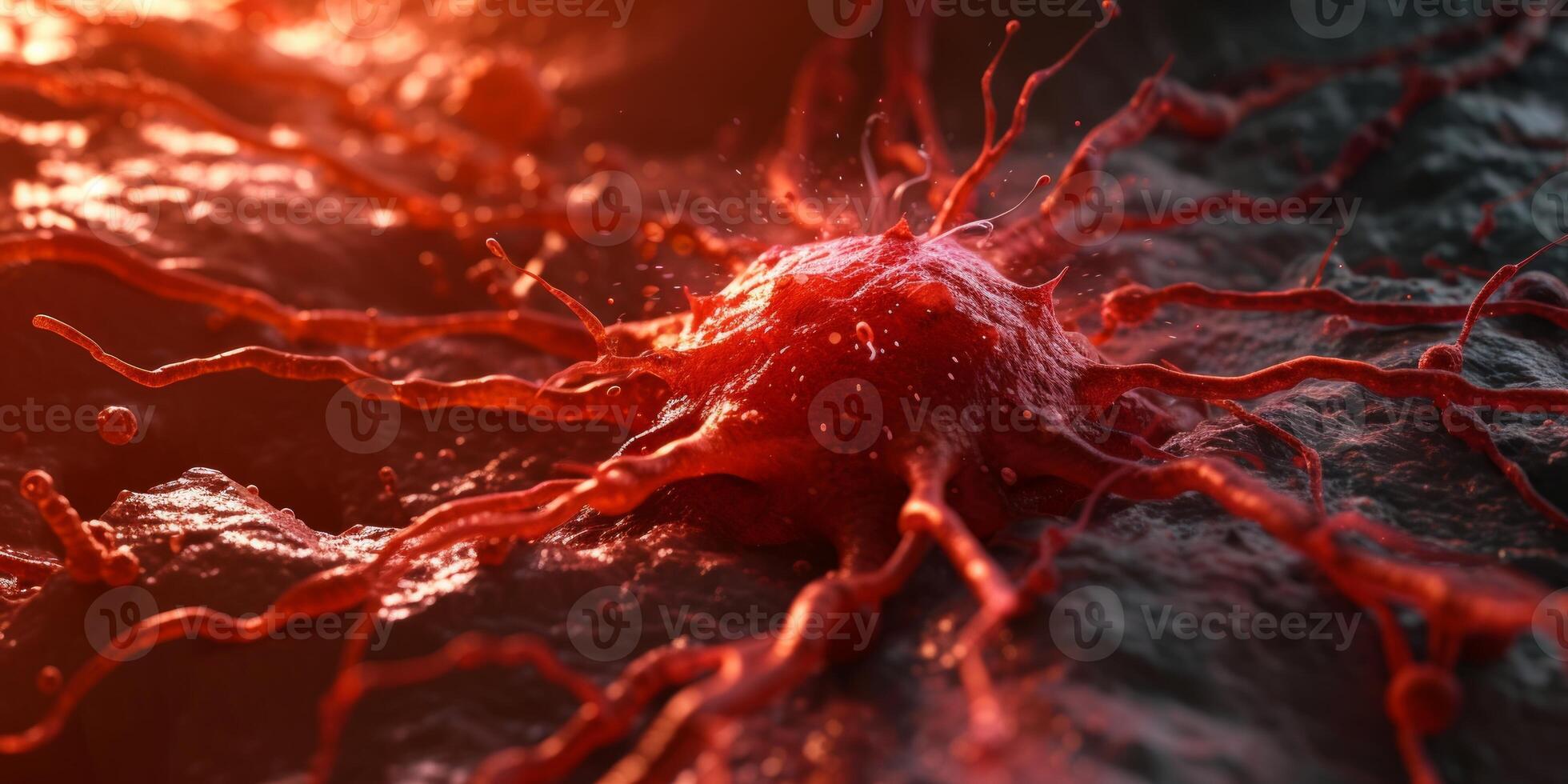AI generated Horrible Red Cancer Cells Disease Spreading on an Organ inside Human Body. Cancer Treatment, Cancer Oncology, Growing Tumor Cells photo