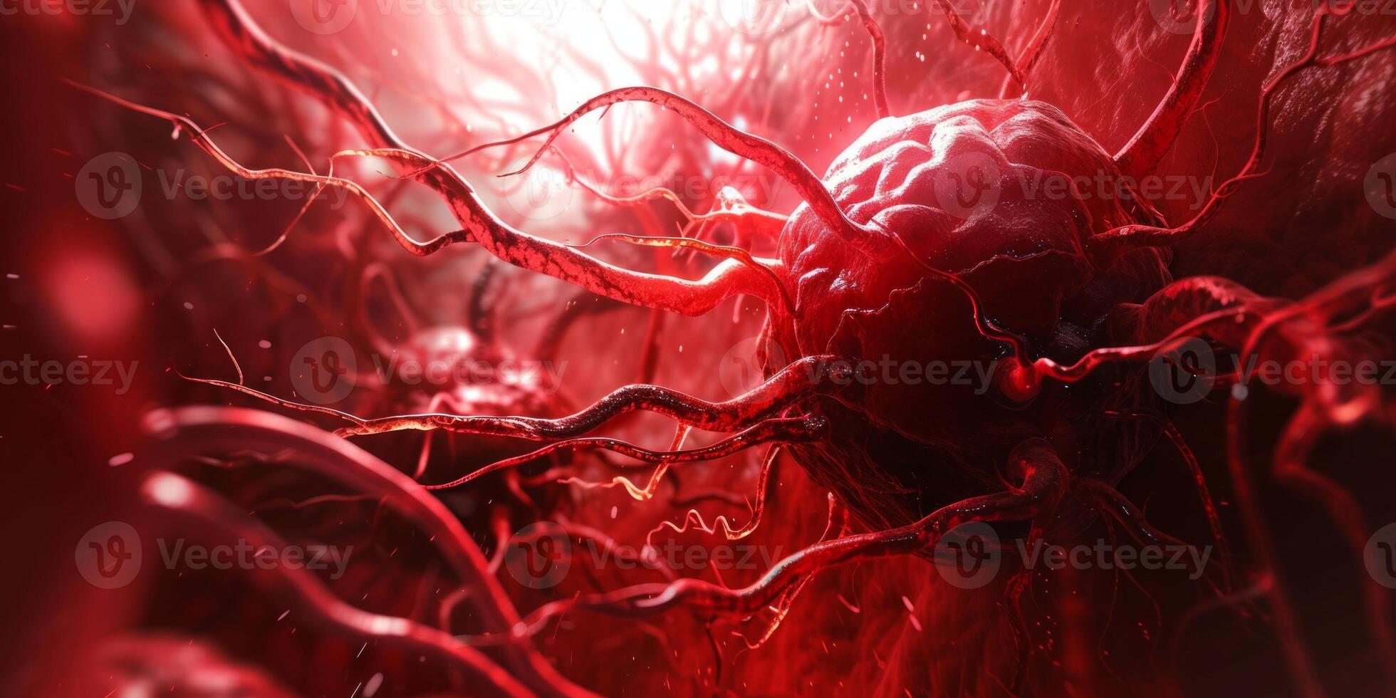AI generated Horrible Red Cancer Cells Disease Spreading on an Organ inside Human Body. Cancer Treatment, Cancer Oncology, Growing Tumor Cells photo