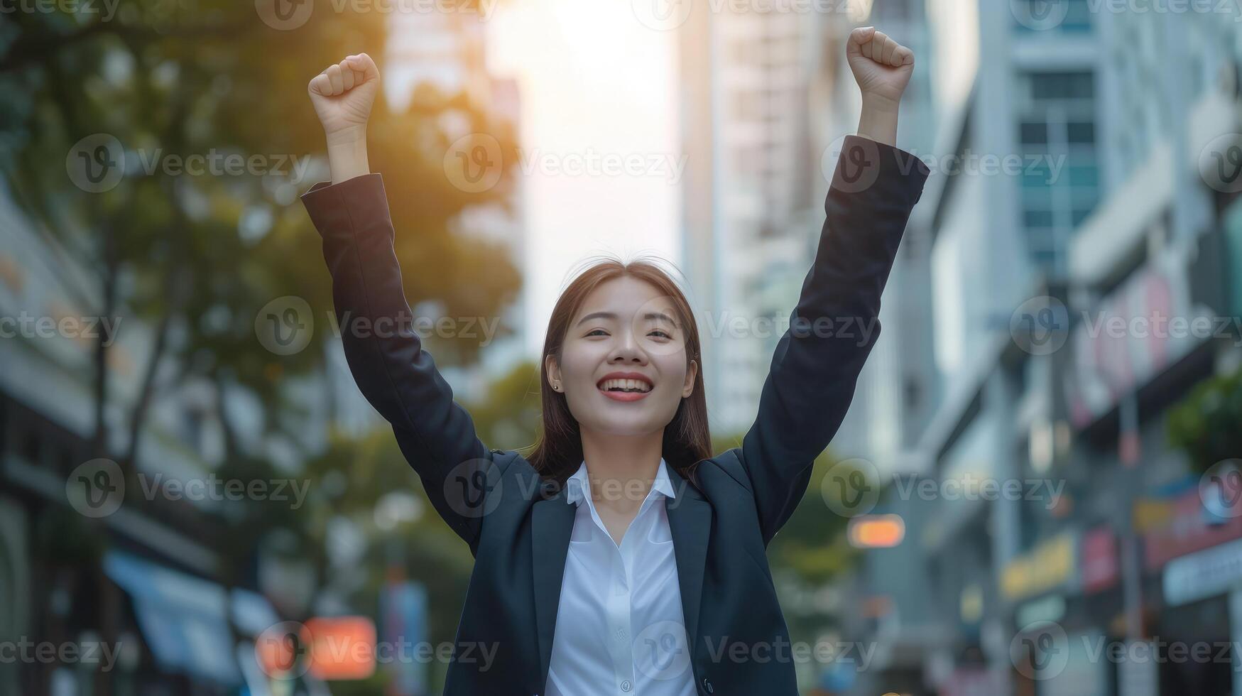 AI generated Young excited confident proud Asian business woman winner wearing suit standing on street, raising hands, feeling power, photo