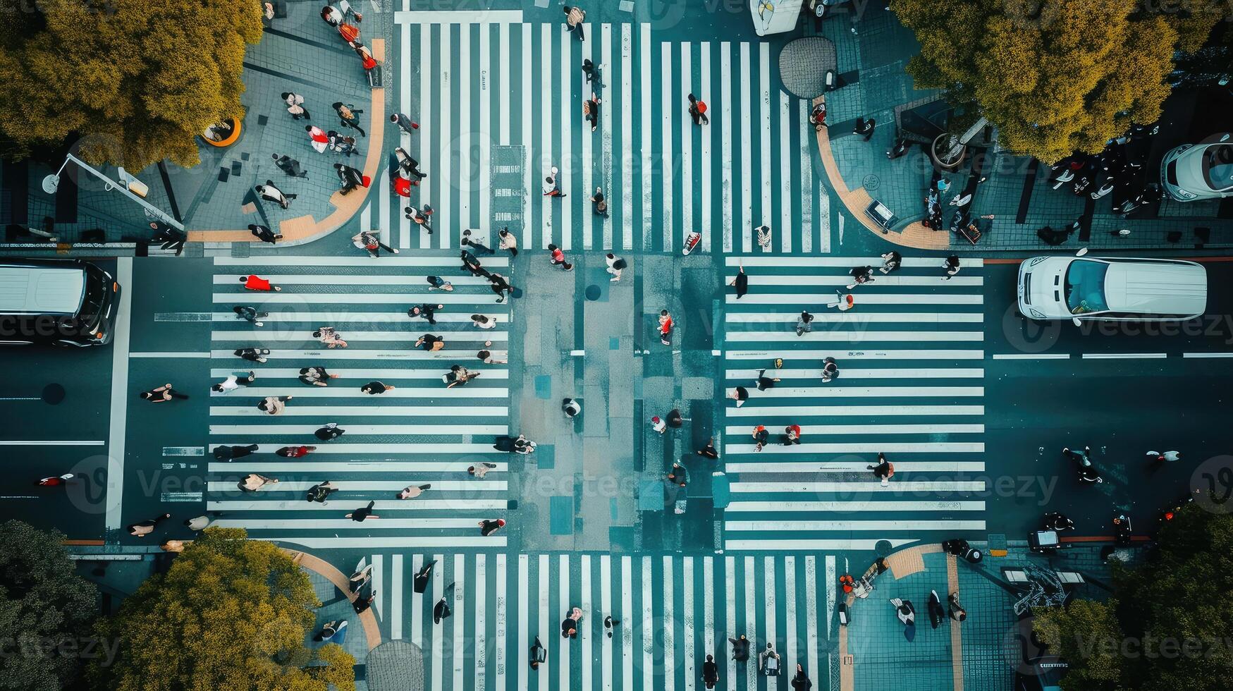 ai generado desde el parte superior ver de personas caminar en calle peatonal cruce de caminos en el ciudad calle ,pájaro ojo vista. foto