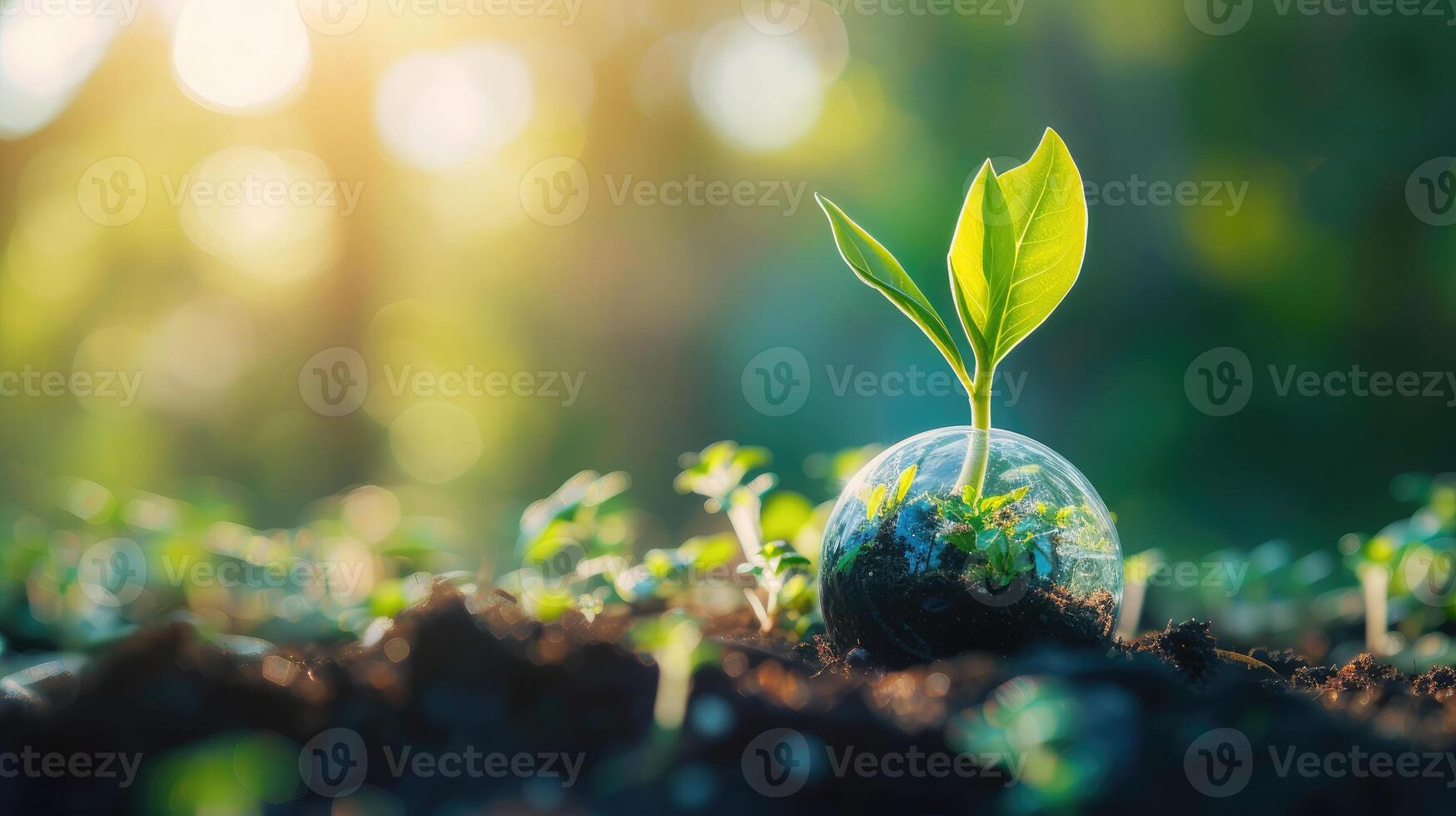 AI generated new sprout grows on a transparent Earth. Image of environmental protection and a sustainable society photo