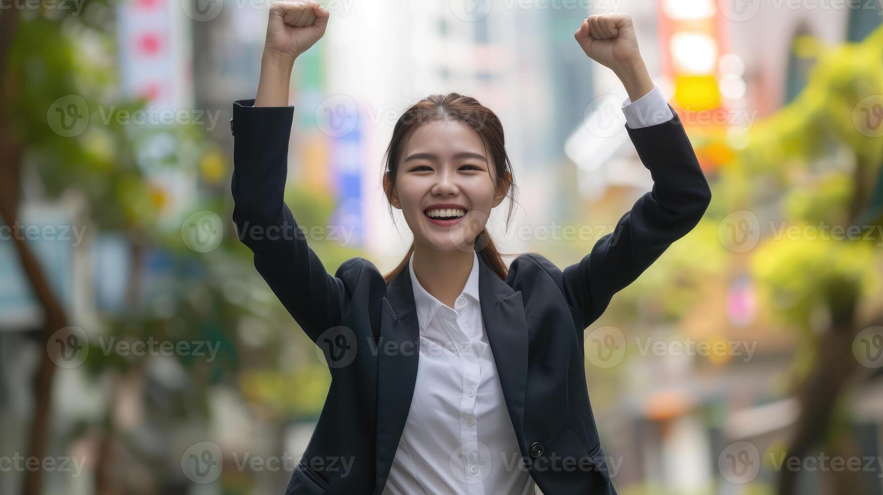 AI generated Young excited confident proud Asian business woman winner wearing suit standing on street, raising hands, feeling power, photo