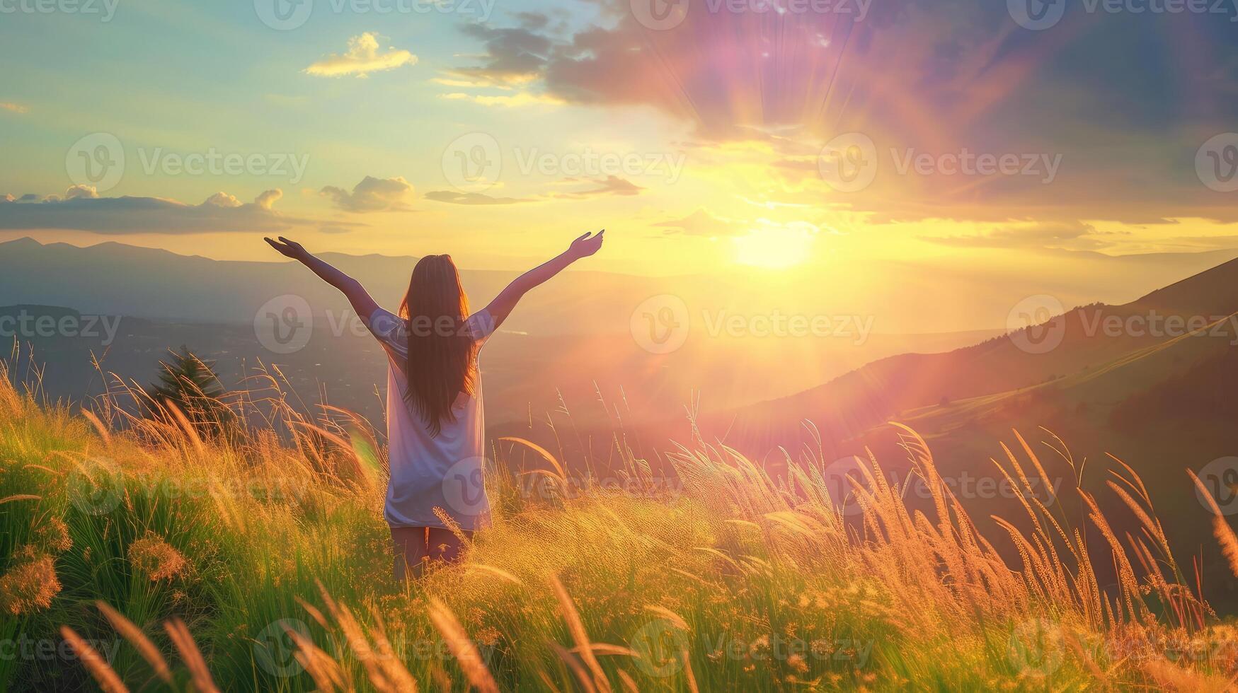 AI generated Carefree Happy Woman Enjoying Nature on grass meadow on top of mountain cliff with sunrise. photo