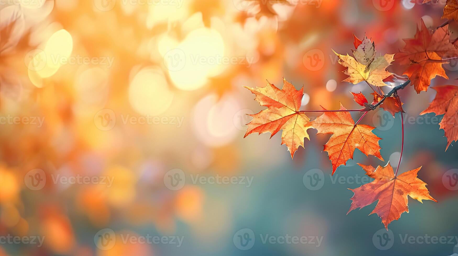 AI generated Happy Thanksgiving day concept  Maple leaves branch over gradient blurry autumn sunset background photo