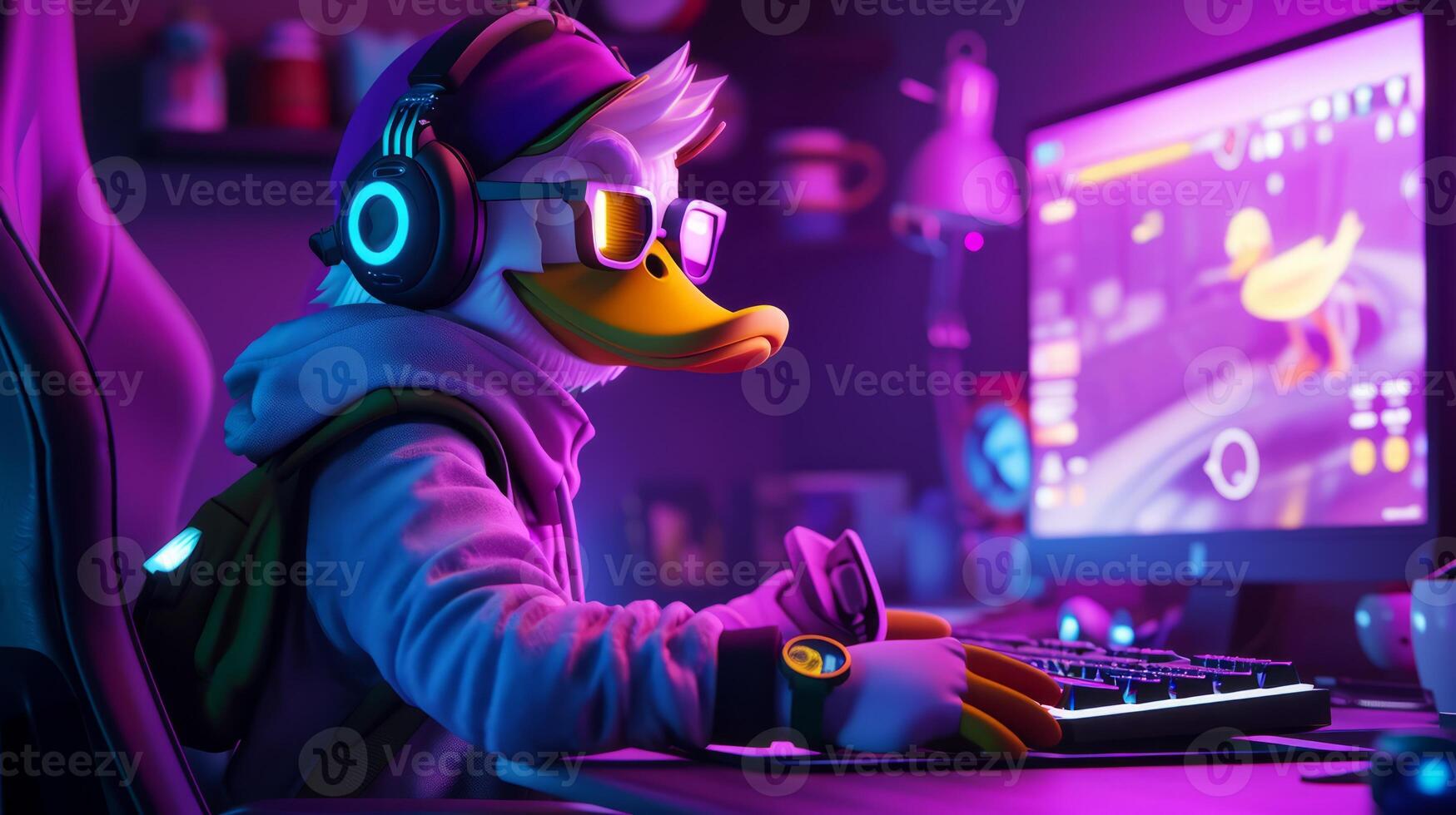 AI generated 3D Duck mascot esport player. Duckman Gaming character background, Esport team Illustration photo