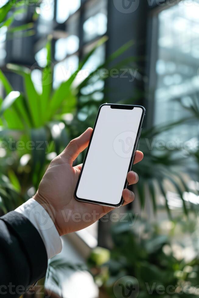 AI generated A man's hand holding a smartphone in modern office with white blank screen, First person view photo