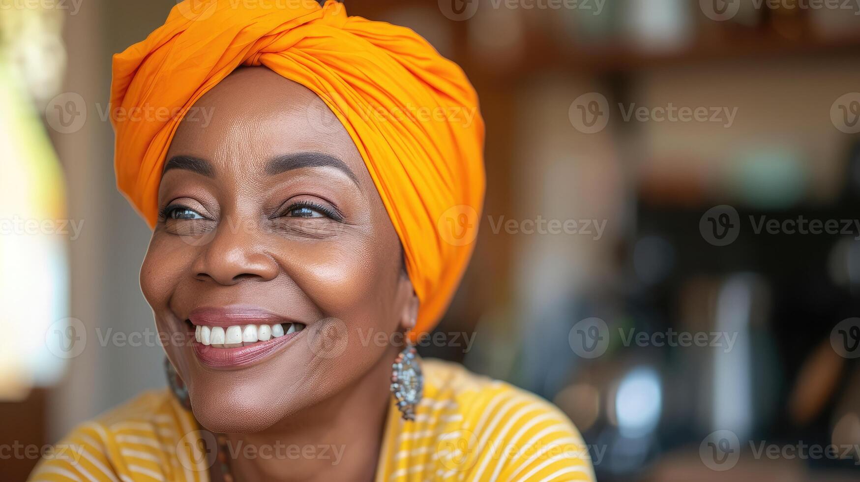 AI generated Smiling middle aged african american woman with orange headscarf. Beautiful black woman in casual clothing with traditional turban at home laughing. photo