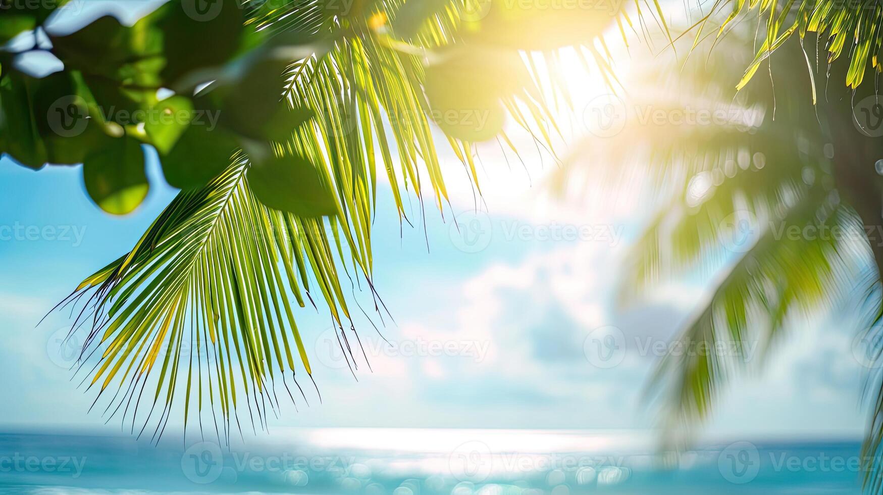 AI generated Earth day concept  Blurred beautiful leaves of coconut palm tree over sea background photo