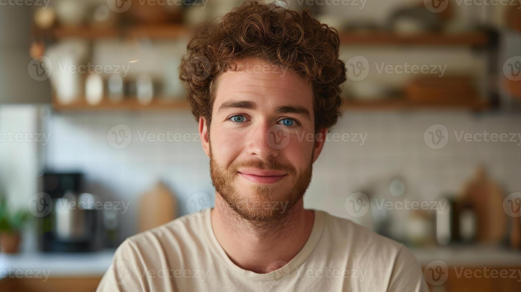 AI generated Close up of a young handsome positive curly man with blue eyes with a smiling face wearing casual beige t-shirt looking at camera and standing alone in morning photo