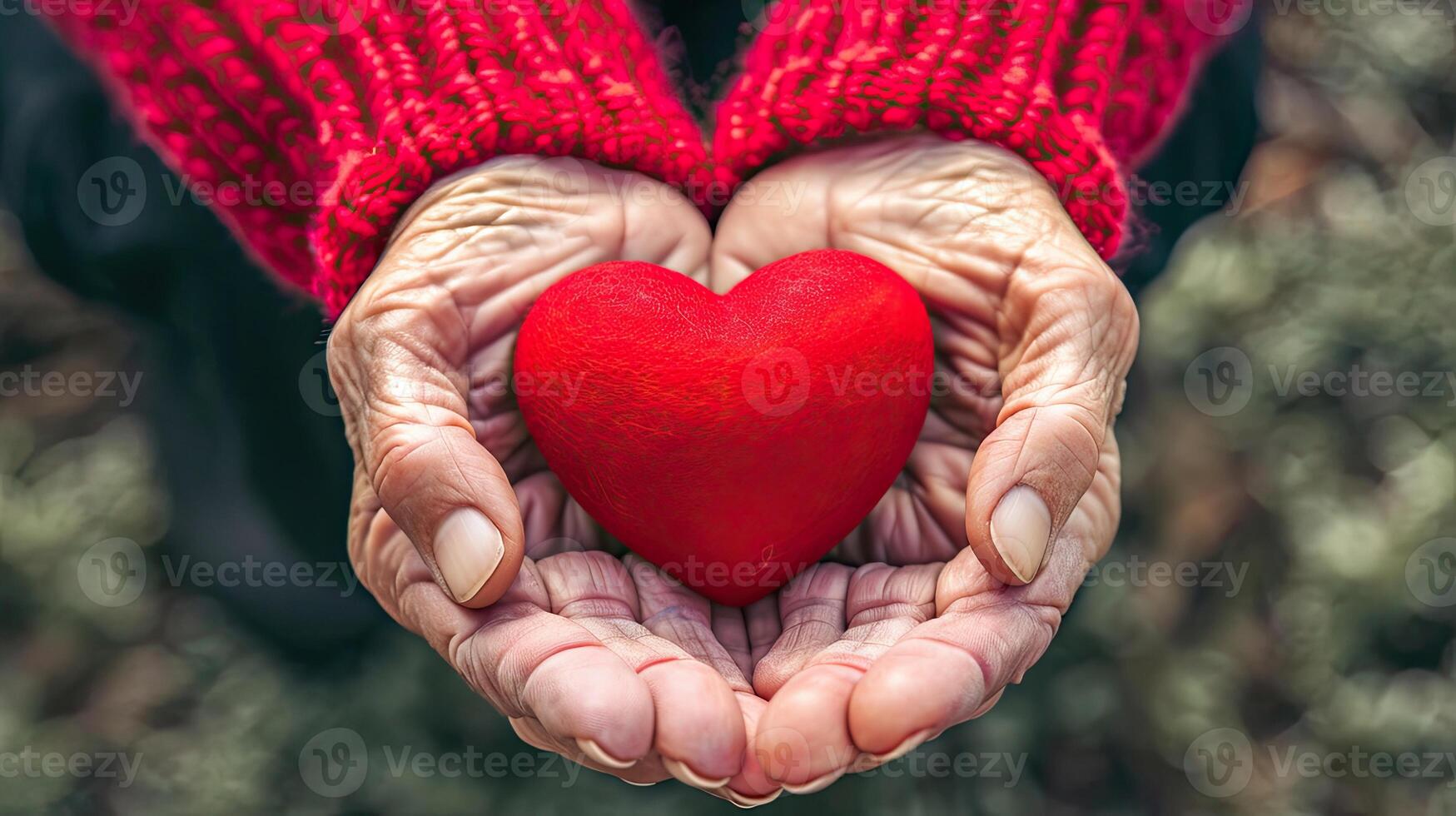 AI generated Elderly senior person or grandparent's hands with red heart in support of nursing family caregiver for national hospice palliative care and family caregivers month concept photo