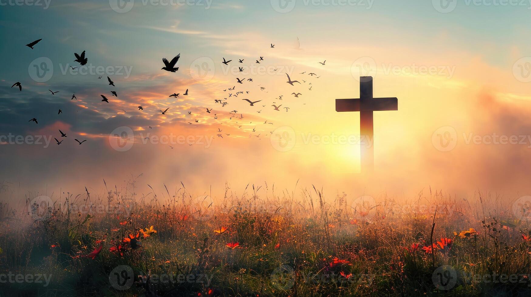 AI generated Background of thanks giving concept  Silhouette cross and birds flying on meadow autumn sunrise photo