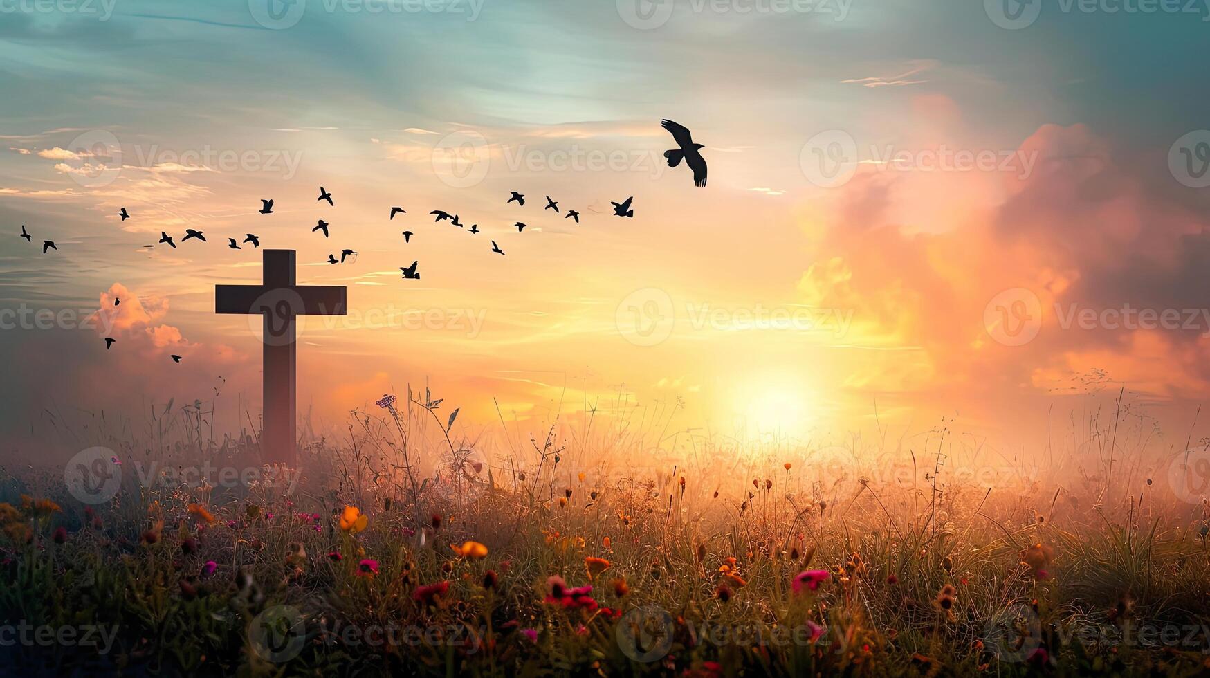 AI generated Background of thanks giving concept Silhouette cross and birds flying on meadow autumn sunrise photo