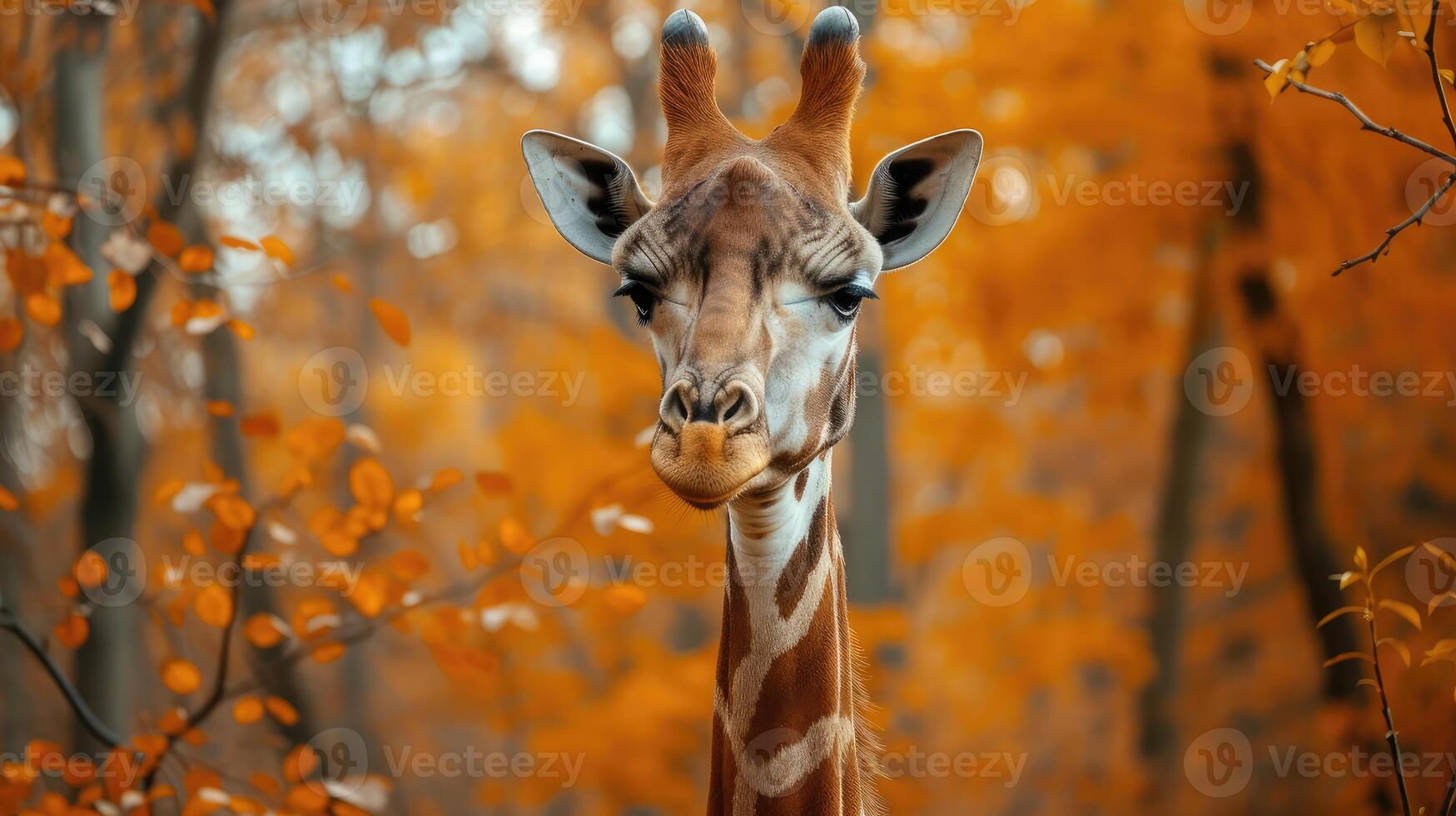 ai generado retrato de un jirafa en un antecedentes de otoño bosque. foto