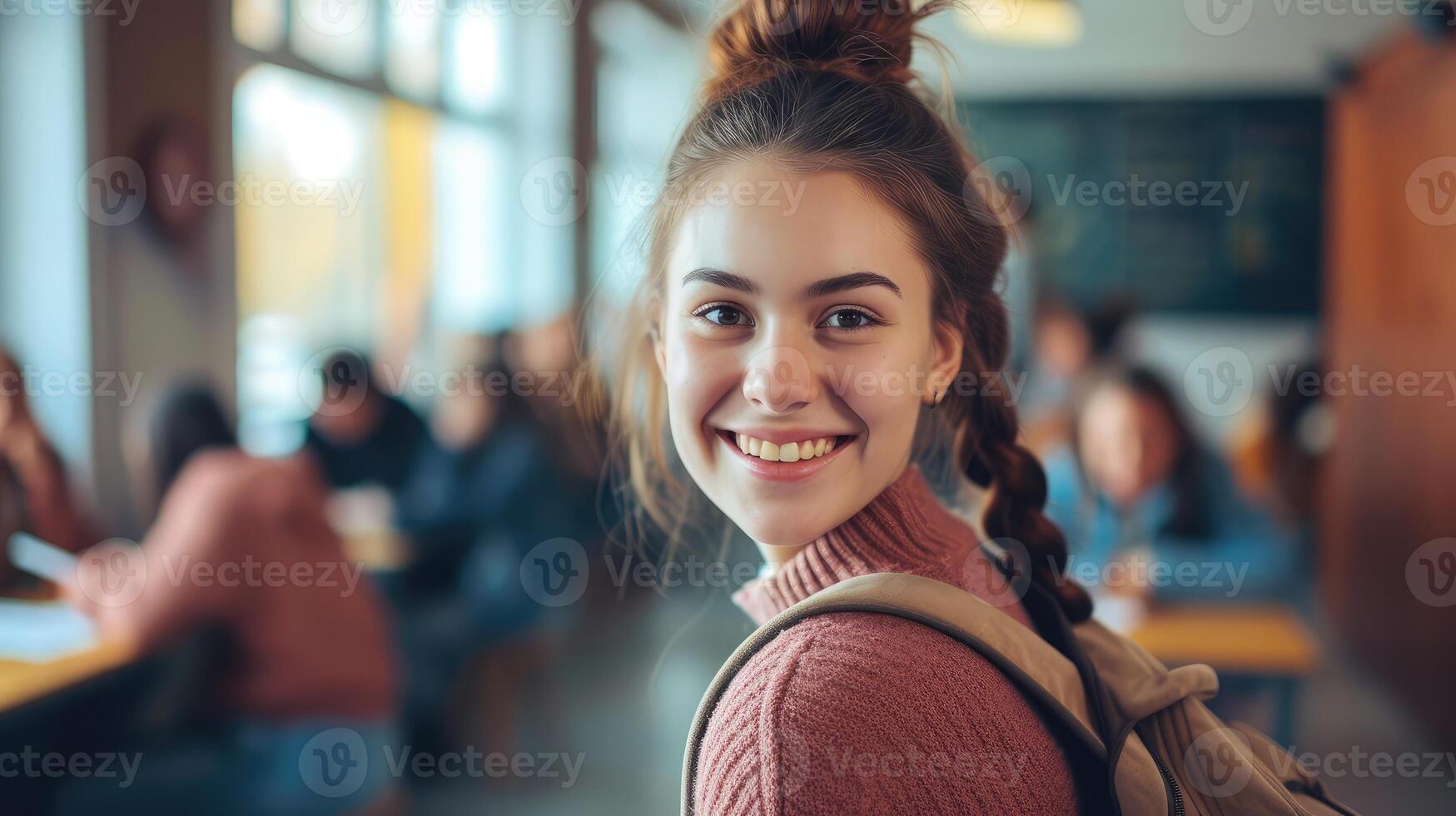 AI generated Happy university student going on a class at the university and looking at camera. photo