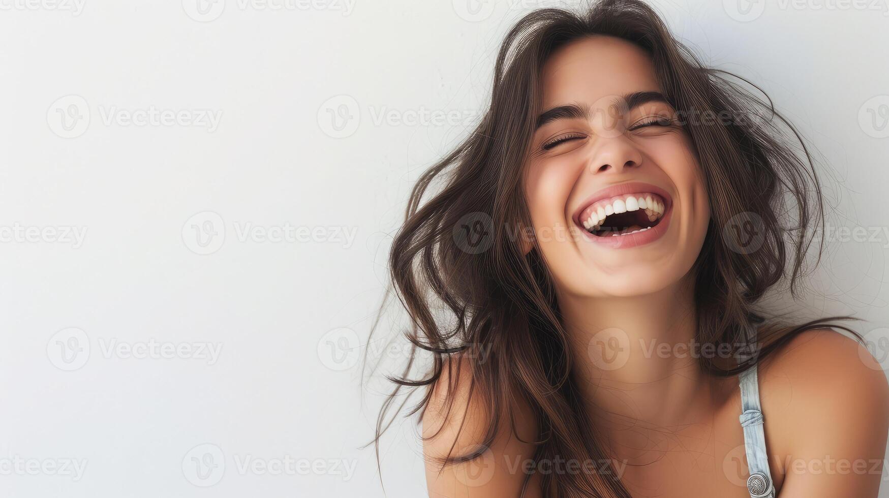 AI generated Young brunette woman over isolated white background laughing photo