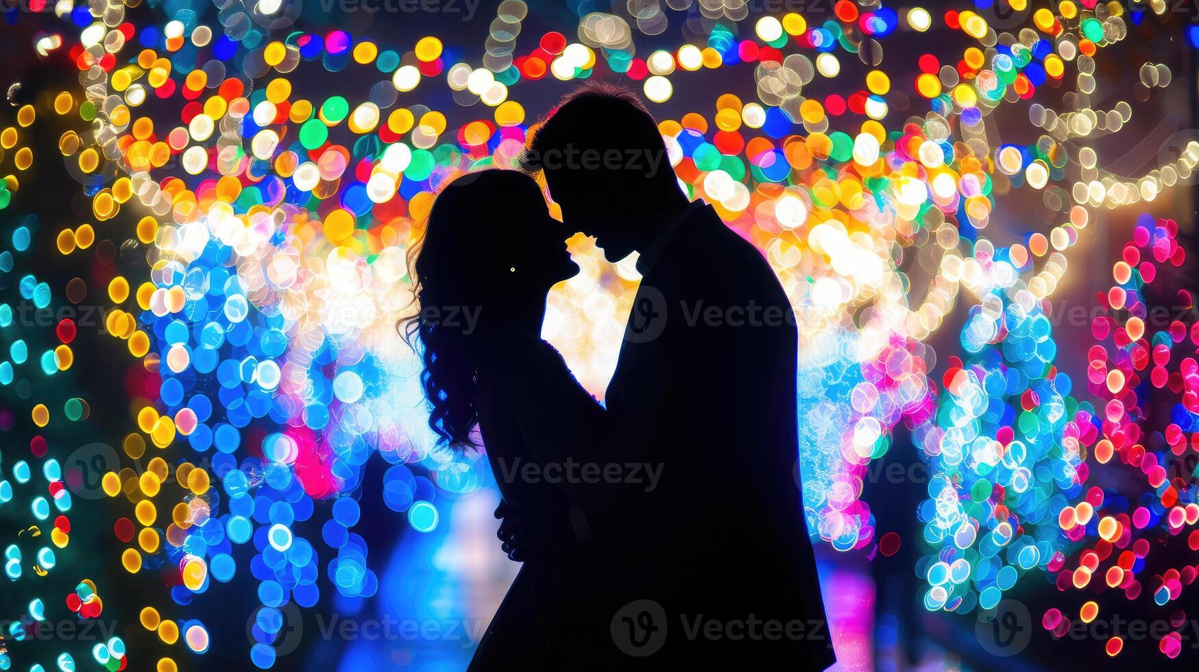 AI generated The enchanting silhouette of a couple in love set against the dazzling display of holiday lights photo
