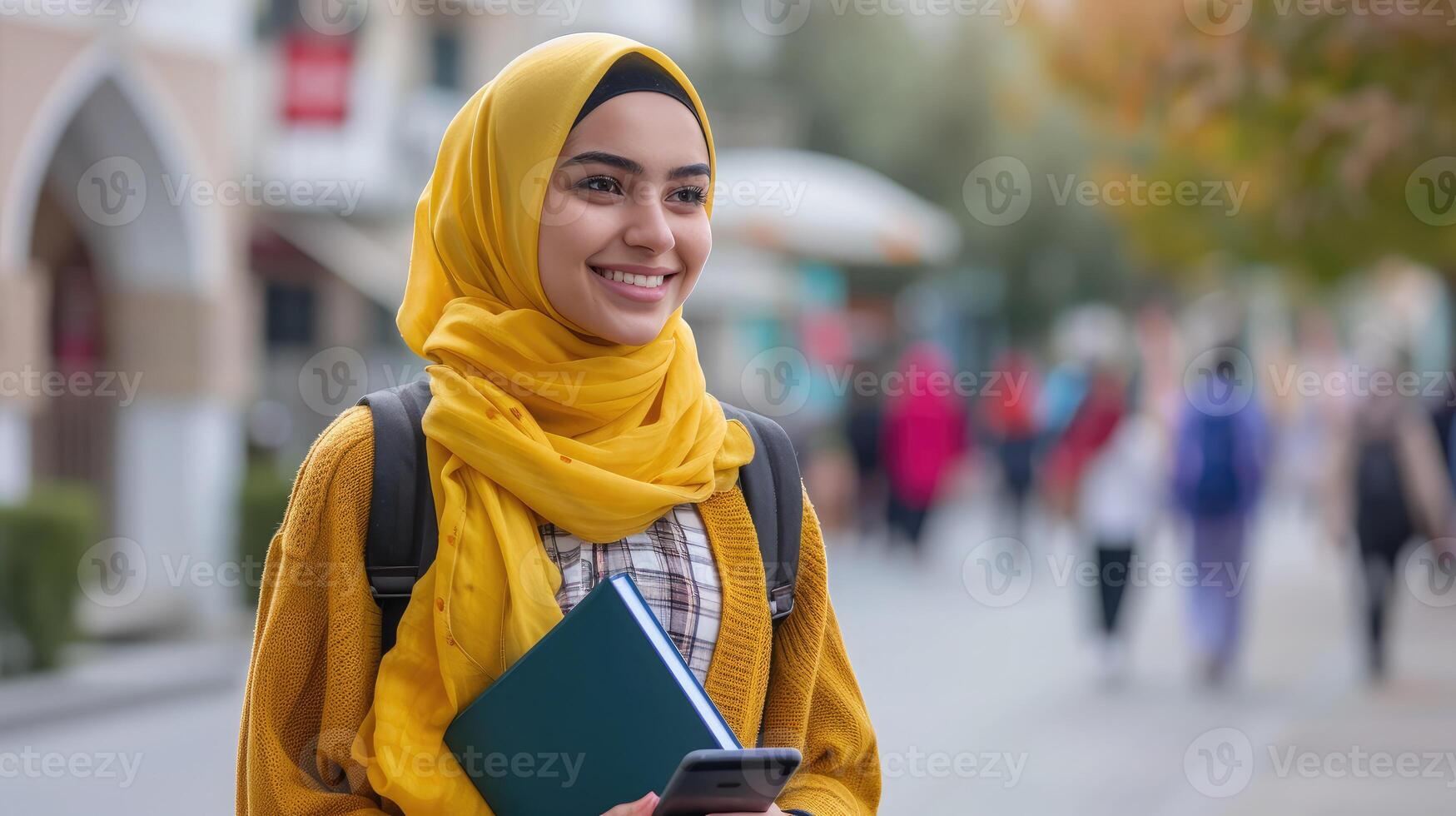 ai generado alegre árabe hembra estudiante con teléfono inteligente y libros de trabajo en pie al aire libre, contento joven medio oriental mujer caminando en ciudad después Universidad clases, foto