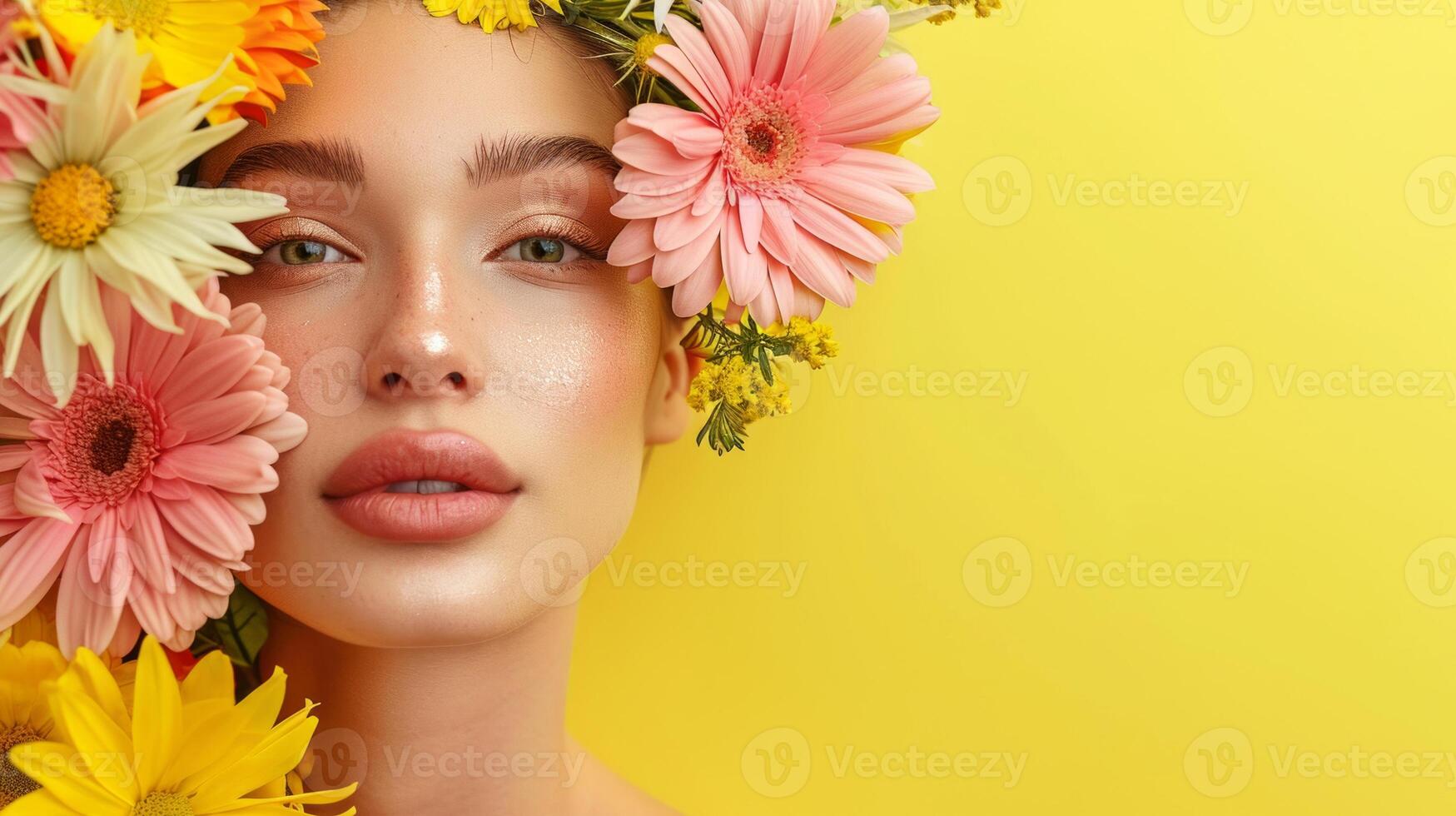 AI generated Portrait of attractive woman with beautiful flowers. Women day, Brunette girl with healthy skin, Smooth face, Cosmetics, Lotion, Oil, Moisturizer, Ointment photo