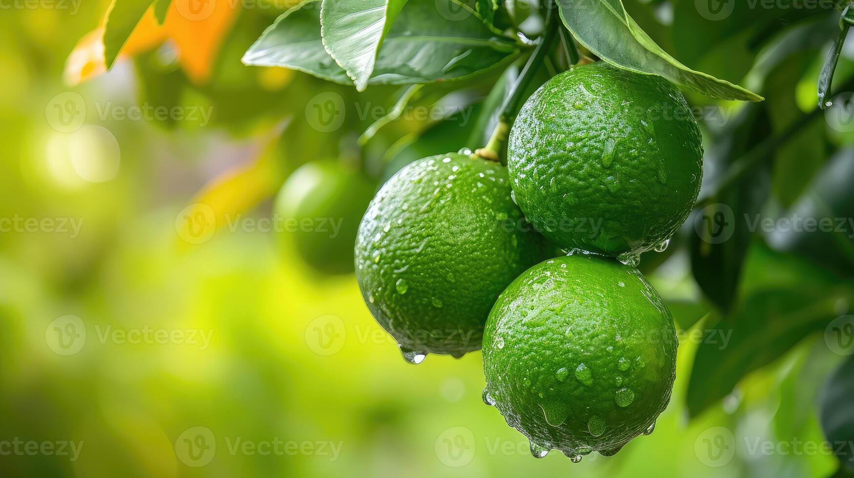 AI generated limes tree in the garden are excellent source of vitamin C. Green organic lime citrus fruit hanging on tree photo